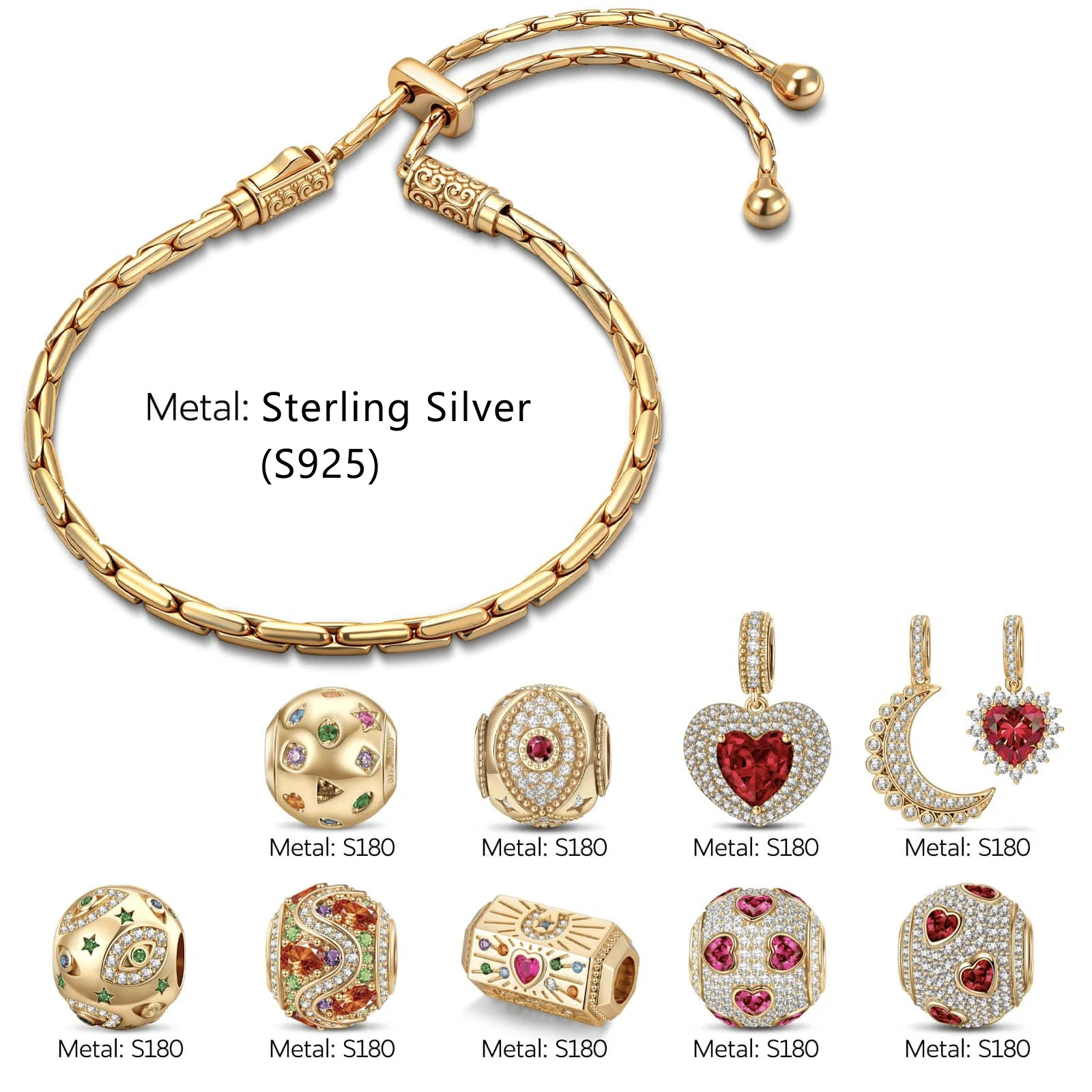 Sterling Silver Adjustable Chain Blessing and Renewal Charms Bracelet Set With Enamel In 14K Gold Plated (Includes bracelet and all charms shown) - Image 2