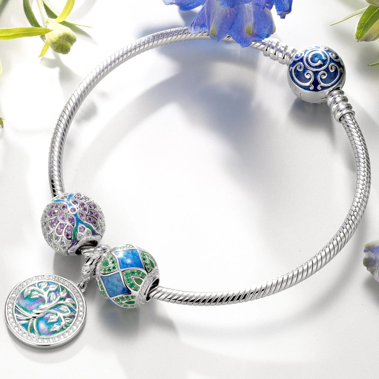 Sterling Silver Tree of Rebirth Charms Bracelet Set With Enamel In White Gold Plated (Includes bracelet and all charms shown) - Image 2