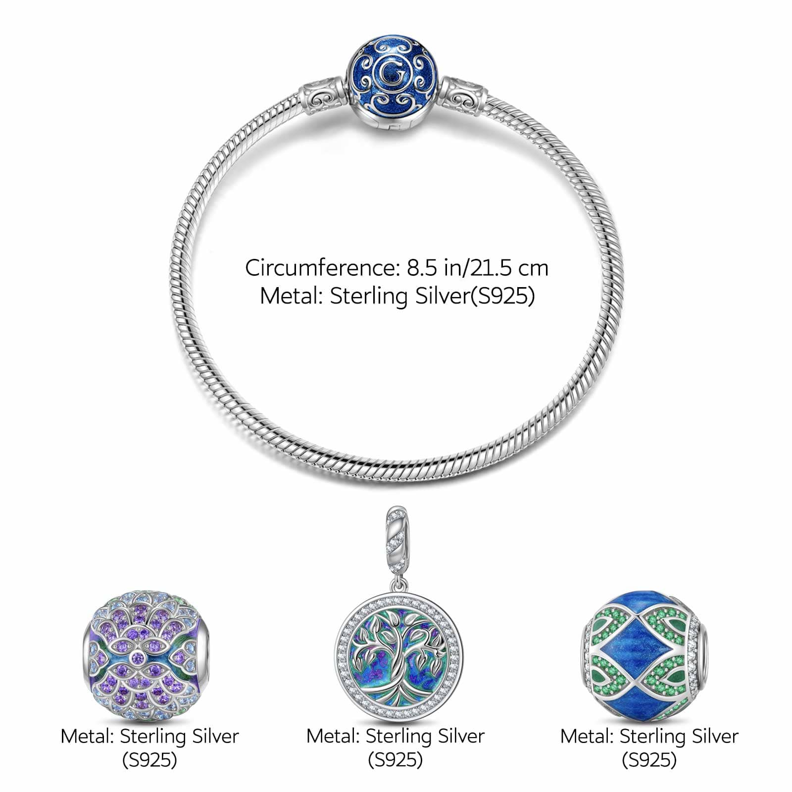 Sterling Silver Tree of Rebirth Charms Bracelet Set With Enamel In White Gold Plated (Includes bracelet and all charms shown) - Image 3