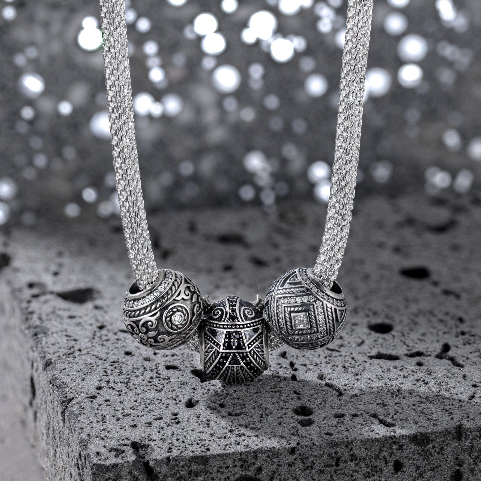 Sterling Silver Berserker Rage XL Size Charms Necklace Set With Enamel In White Gold Plated For Men