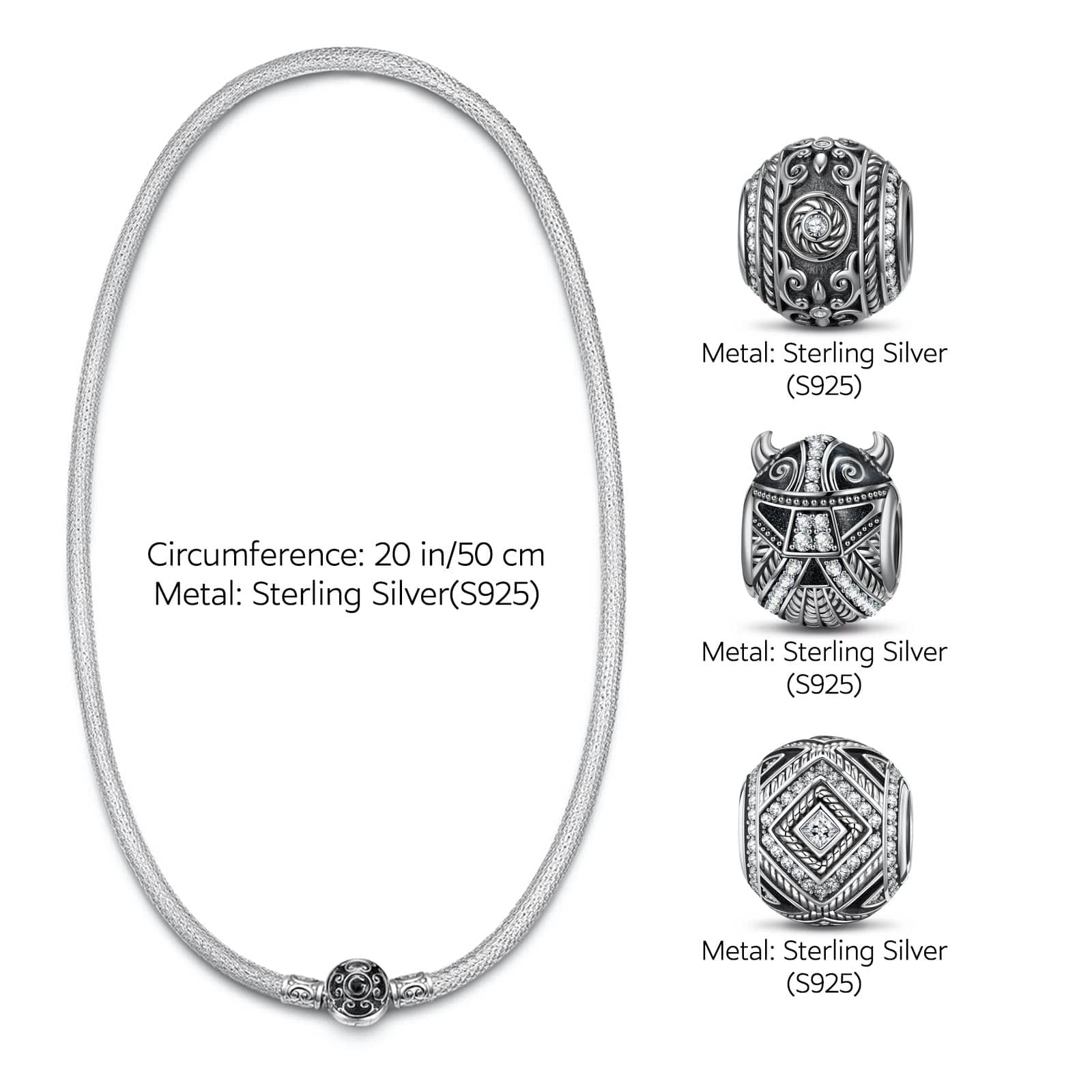 Sterling Silver Berserker Rage XL Size Charms Necklace Set With Enamel In White Gold Plated For Men - Image 3