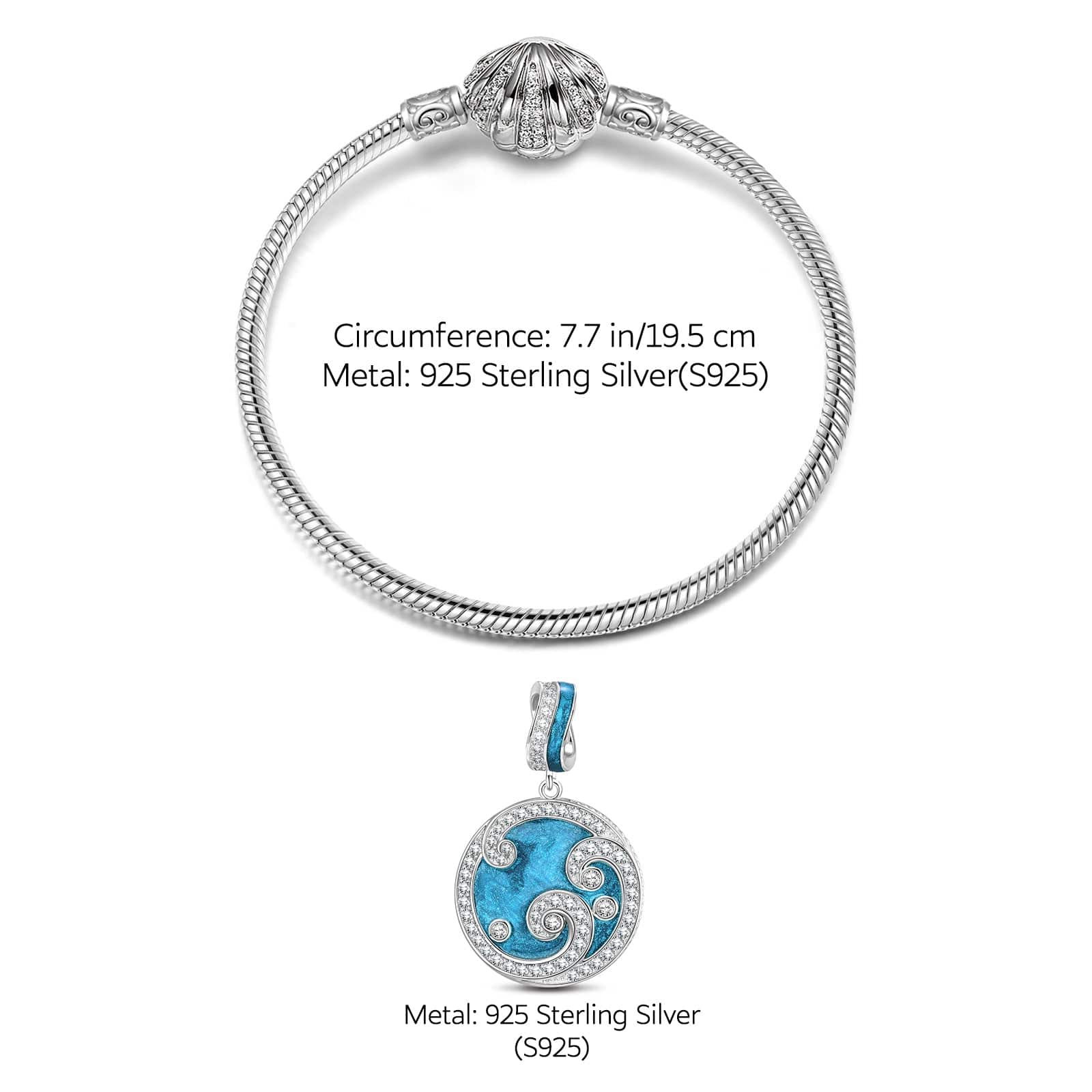 Sterling Silver Ocean Waves Charms Bracelet Set With Enamel In White Gold Plated (Includes bracelet and all charms shown) - Image 2