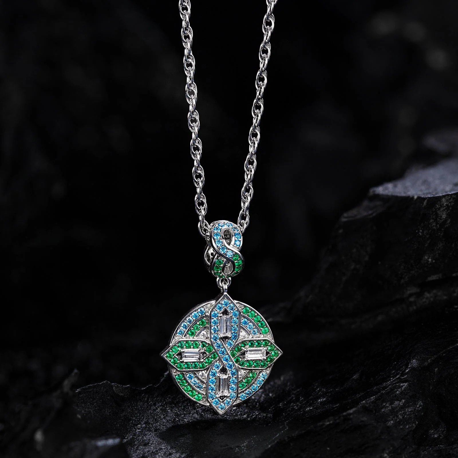 Sterling Silver Green Shield Charms Necklace Set In White Gold Plated