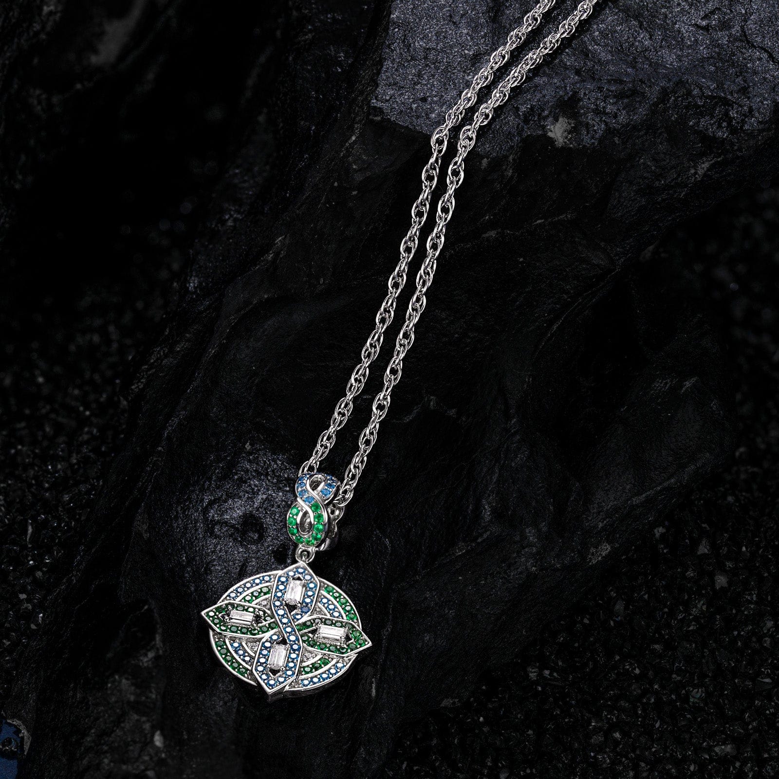 Sterling Silver Green Shield Charms Necklace Set In White Gold Plated - Image 2