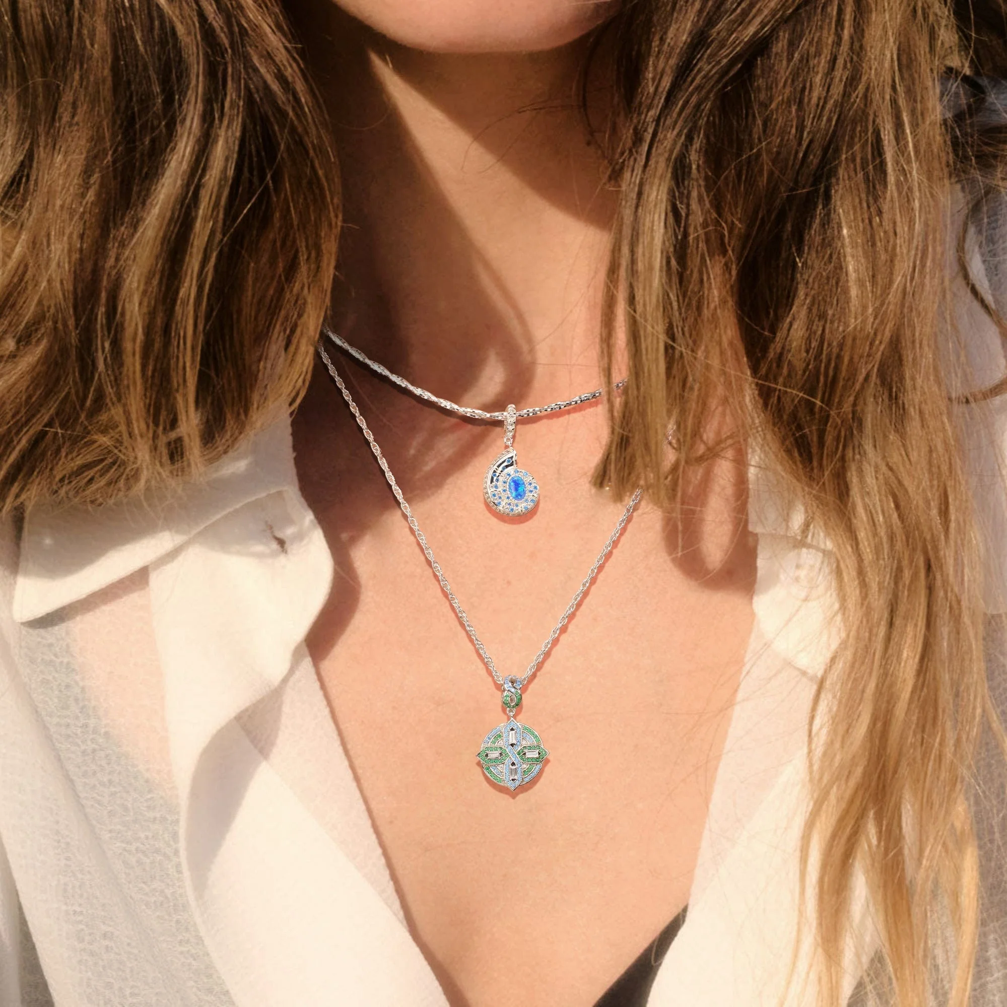 Sterling Silver Green Shield Charms Necklace Set In White Gold Plated - Image 3