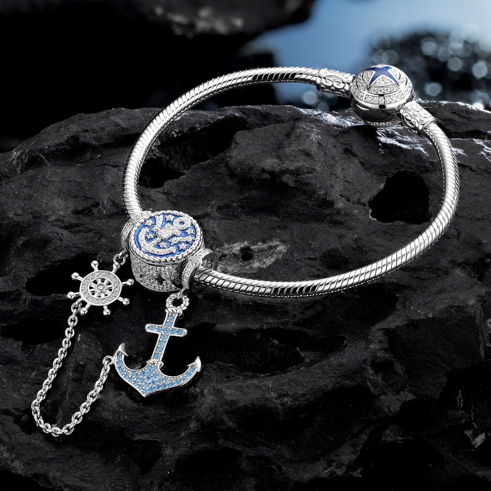 Sterling Silver Navigation Charms Bracelet Set With Enamel In White Gold Plated (Includes bracelet and all charms shown) - Image 2