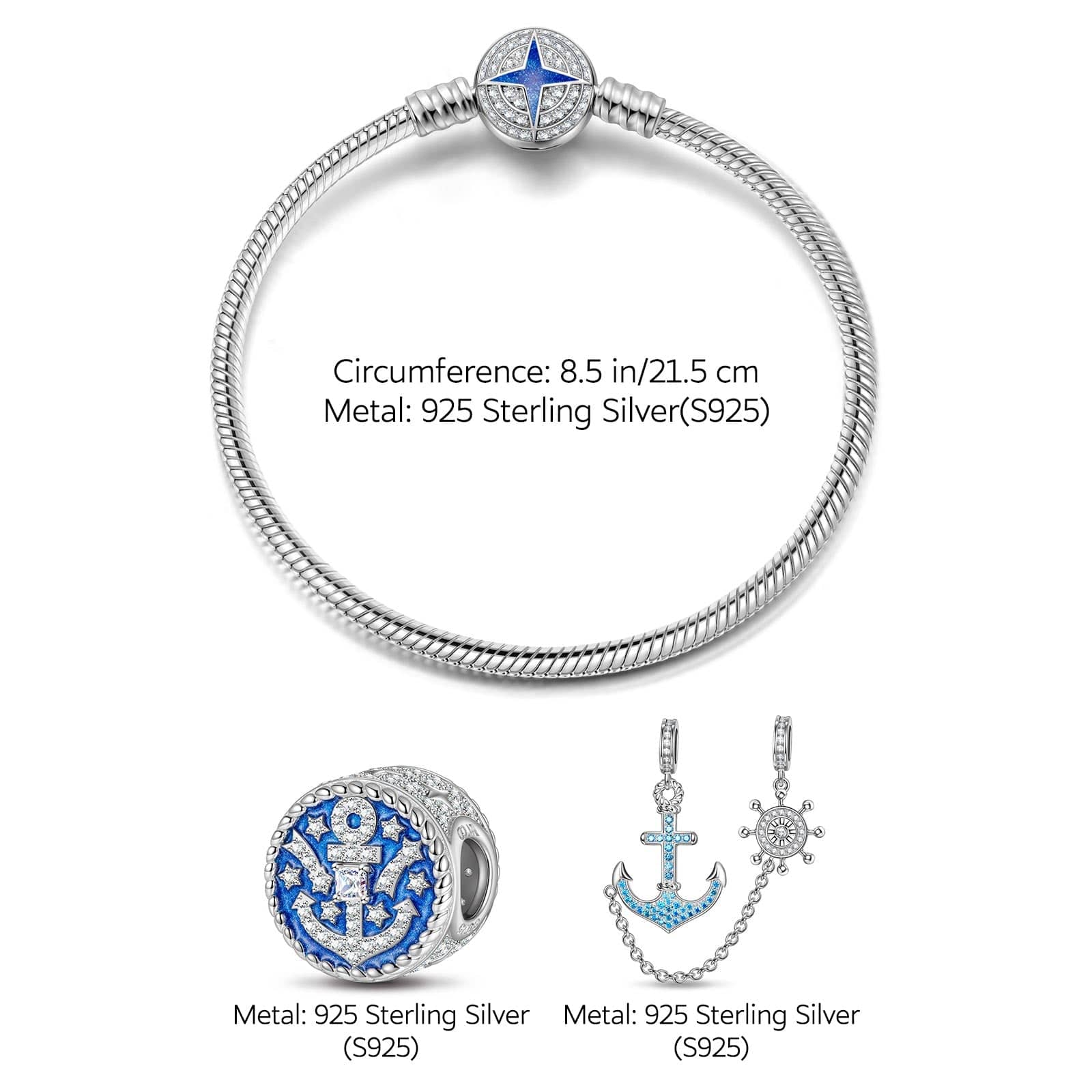 Sterling Silver Navigation Charms Bracelet Set With Enamel In White Gold Plated (Includes bracelet and all charms shown) - Image 3