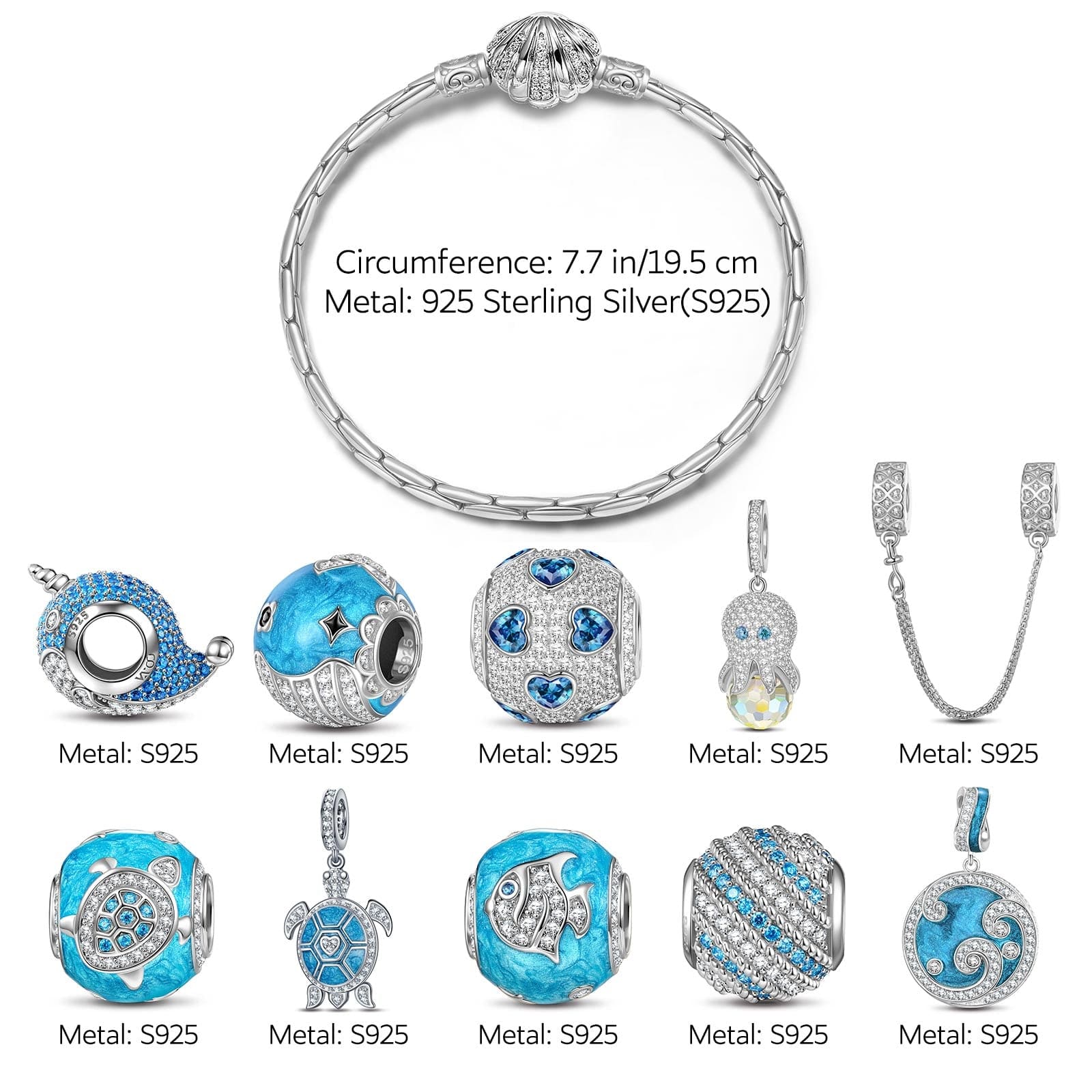 Sterling Silver Deep Sea Family Charms Bracelet Set With Enamel In White Gold Plated (Includes bracelet and all charms shown) - Image 3