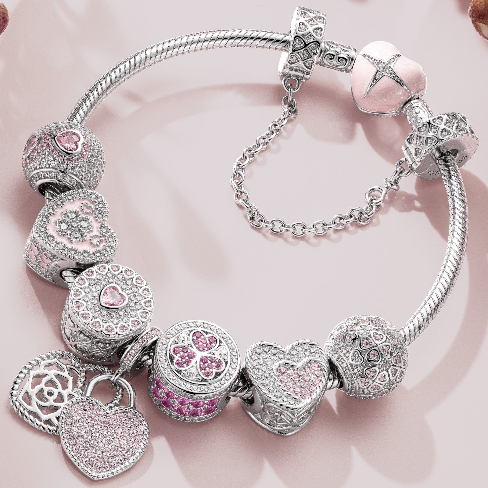 Sterling Silver Secretly Love Charms Bracelet Set With Enamel In White Gold Plated (Includes bracelet and all charms shown)