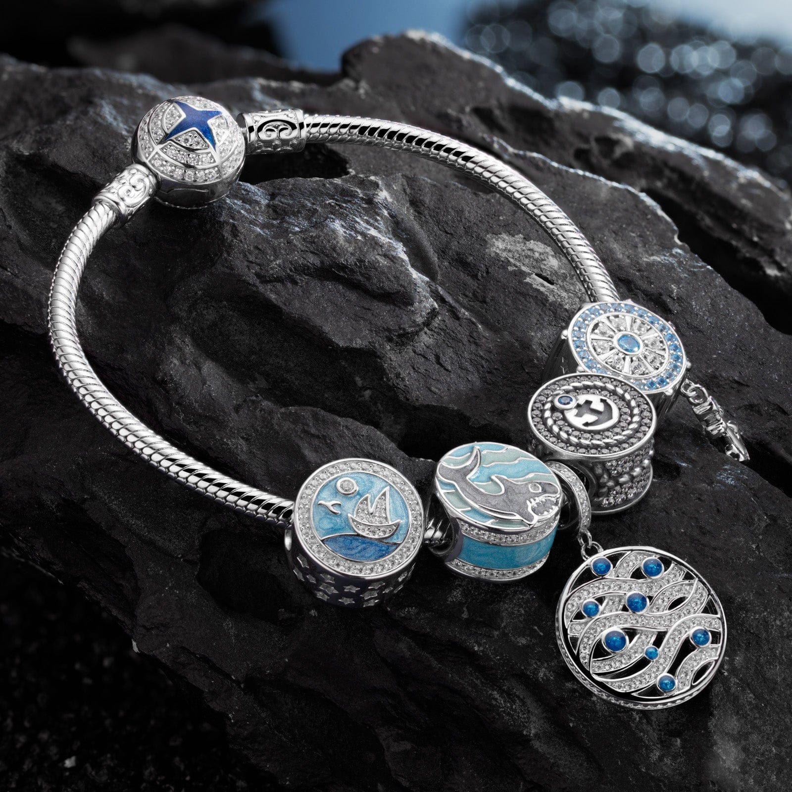 Sterling Silver Island Adventures Charms Bracelet Set With Enamel In White Gold Plated (Includes bracelet and all charms shown) - Image 2