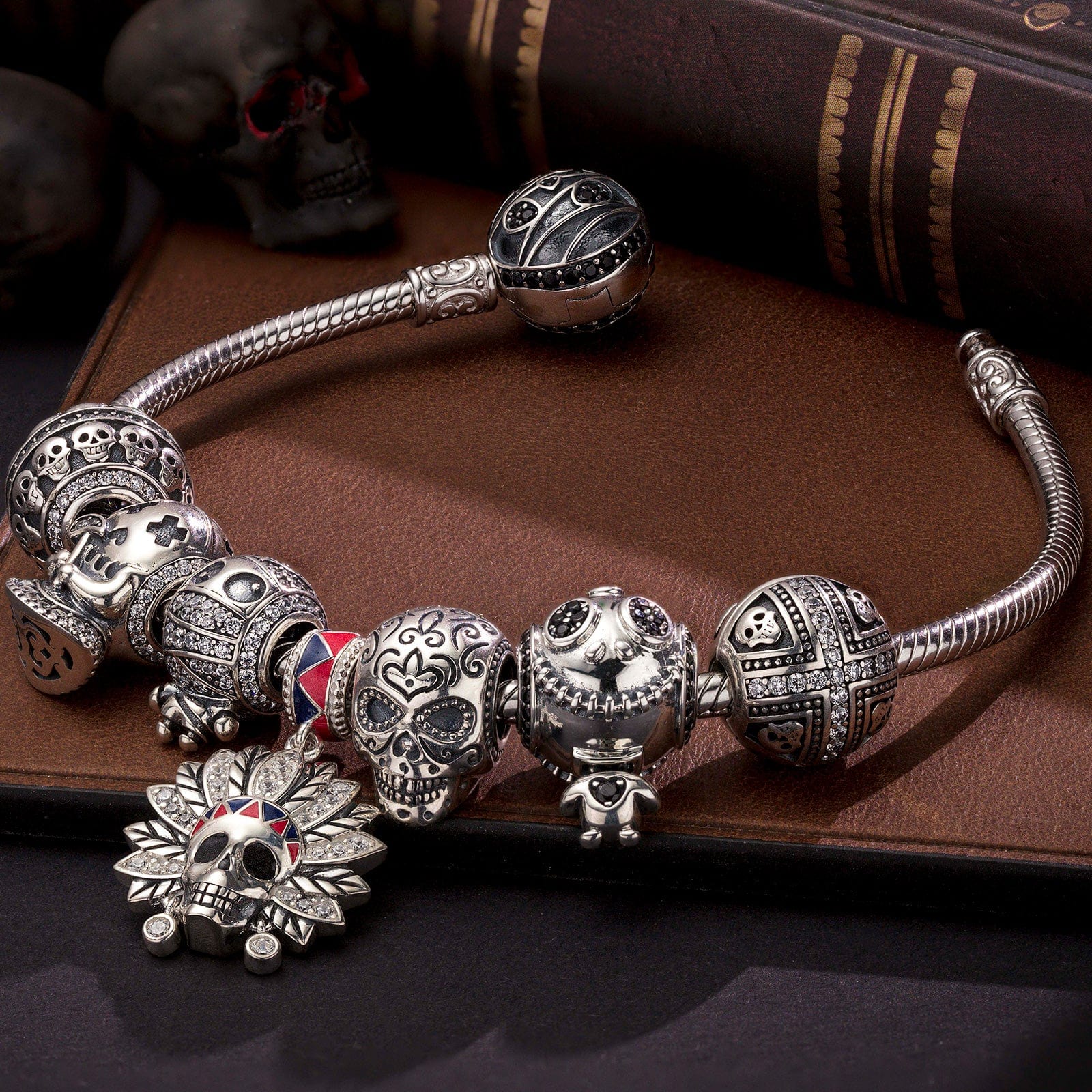 Sterling Silver Skeleton Tribe Charms Bracelet Set With Enamel In White Gold Plated (Includes bracelet and all charms shown) - Image 3