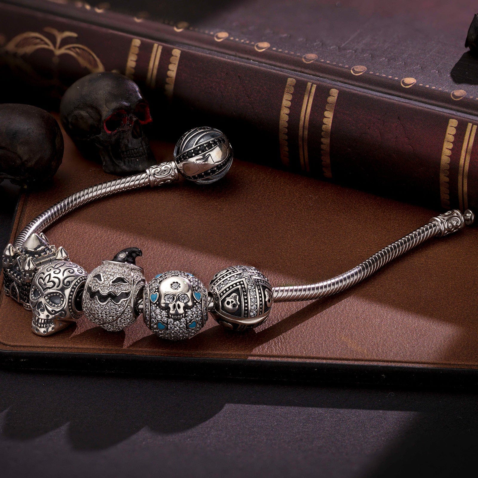 Sterling Silver Halloween Castle Charms Bracelet Set With Enamel In White Gold Plated (Includes bracelet and all charms shown) - Image 3