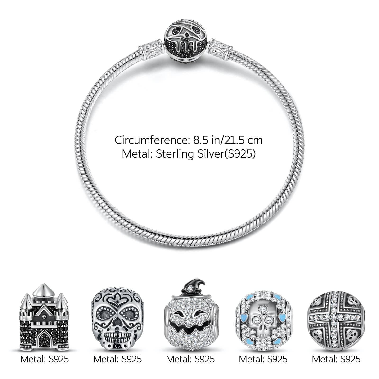 Sterling Silver Halloween Castle Charms Bracelet Set With Enamel In White Gold Plated (Includes bracelet and all charms shown) - Image 2