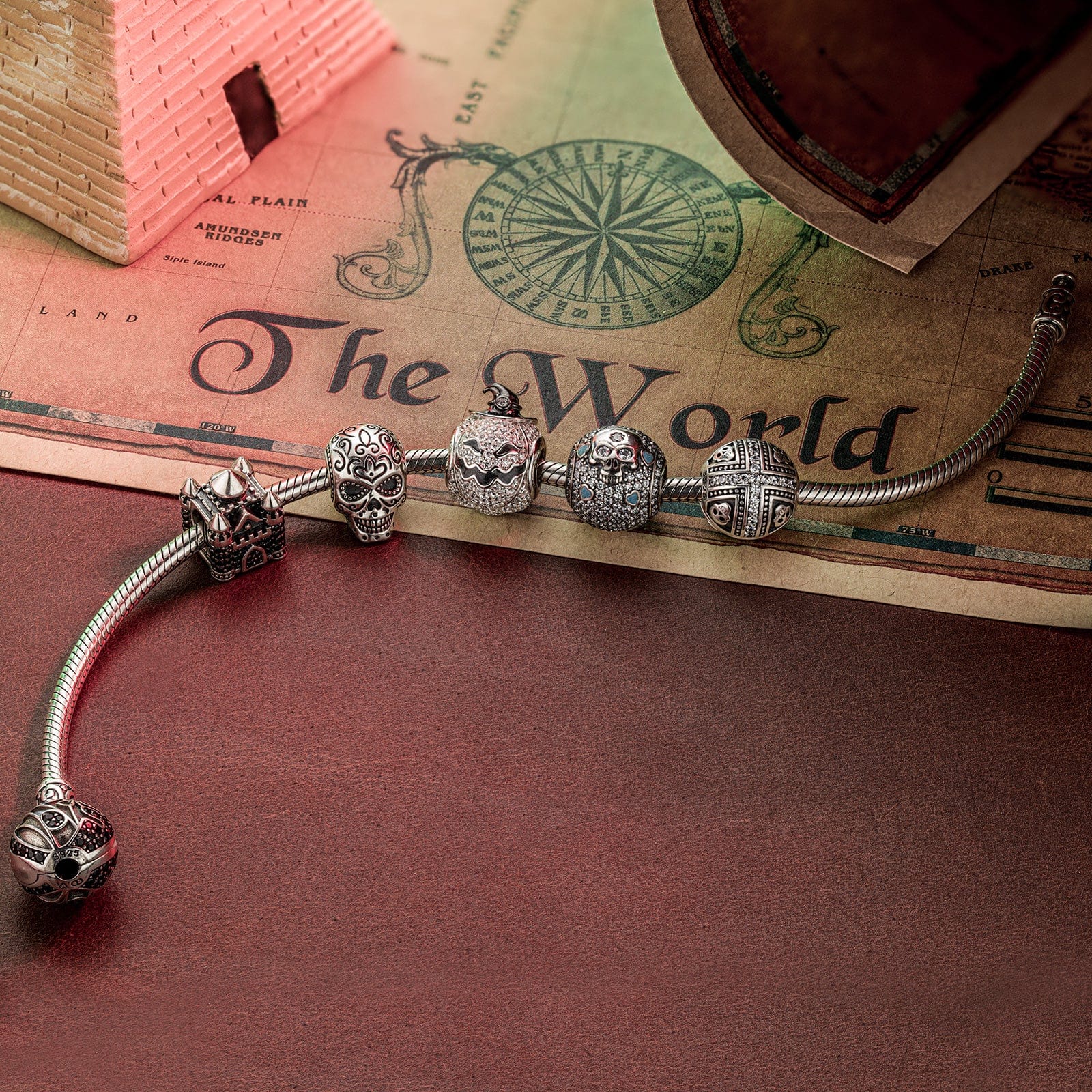 Sterling Silver Halloween Castle Charms Bracelet Set With Enamel In White Gold Plated (Includes bracelet and all charms shown) - Image 5
