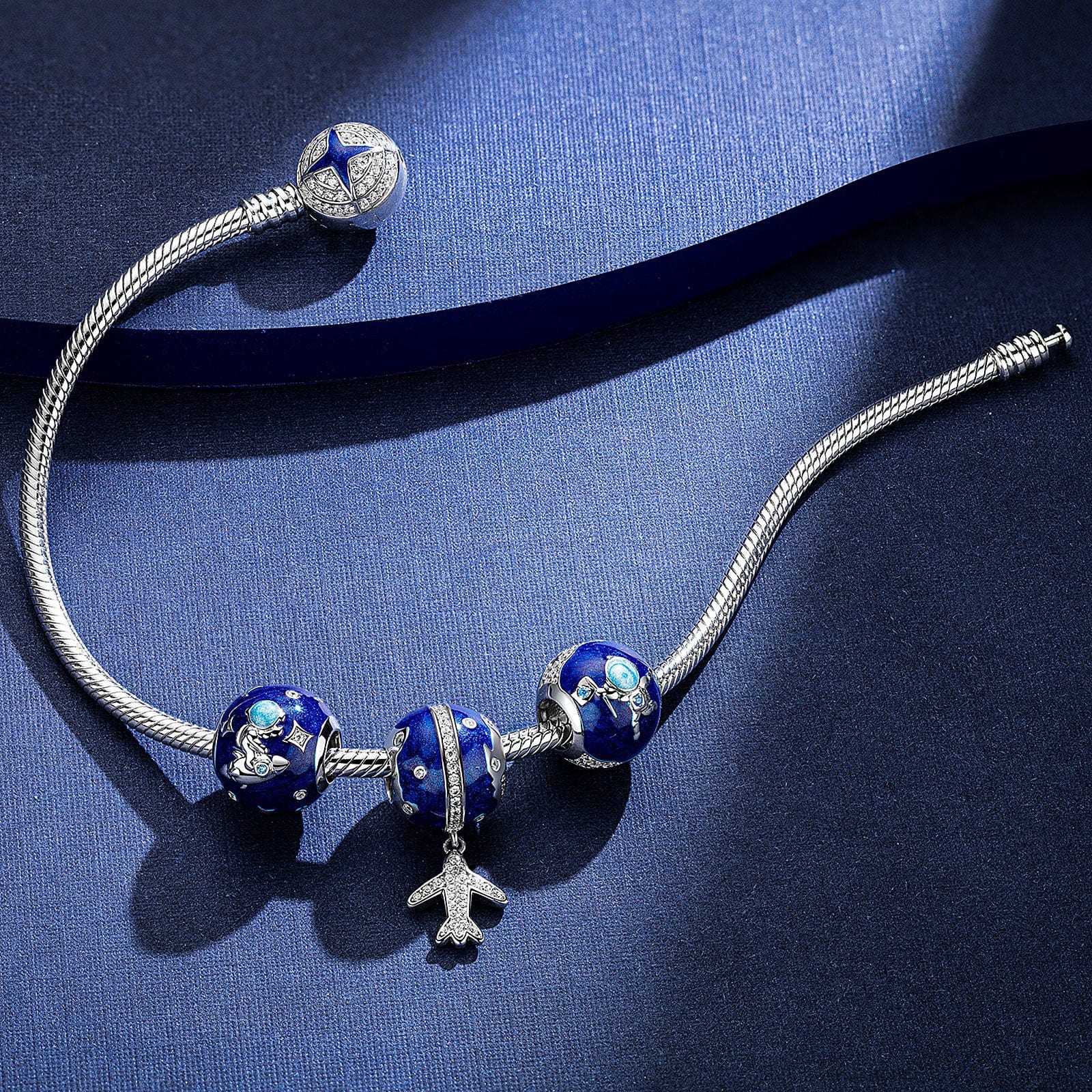 Sterling Silver Interstellar Travel Snake Chain Charms Bracelet Set With Enamel In White Gold Plated (Includes bracelet and all charms shown) - Image 2