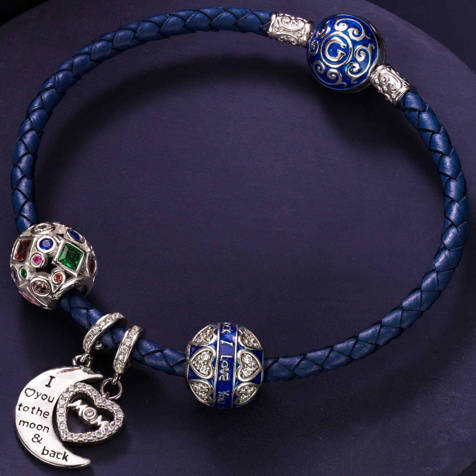 Sterling Silver Love You To the Moon Charms Bracelet Set With Enamel In White Gold Plated (Includes bracelet and all charms shown)