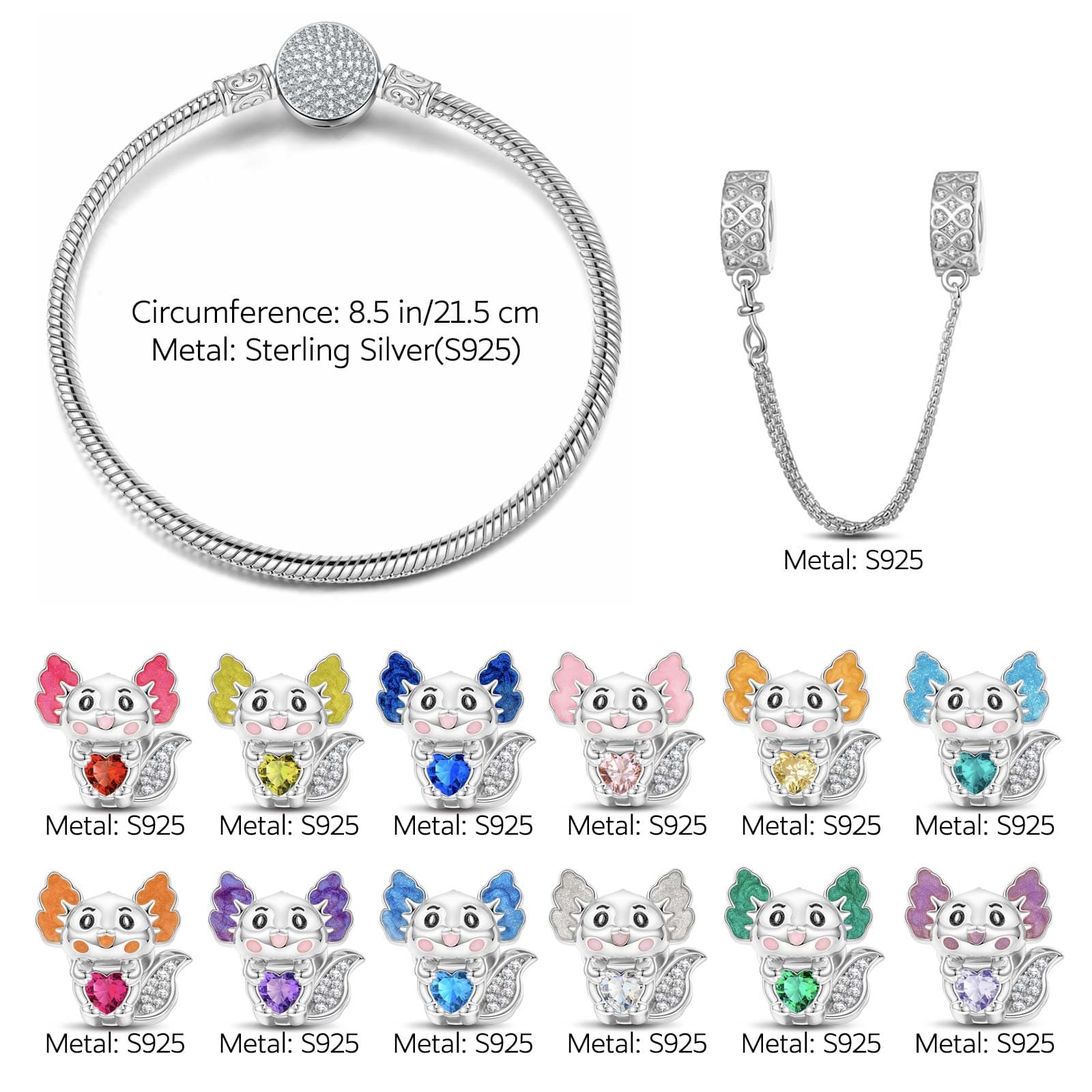 Sterling Silver 12 Month Birthstone Lovely Axolotl Animals Charms Bracelet Set With Enamel In White Gold Plated - Heartful Hugs Collection (Includes bracelet and all charms shown) - Image 3