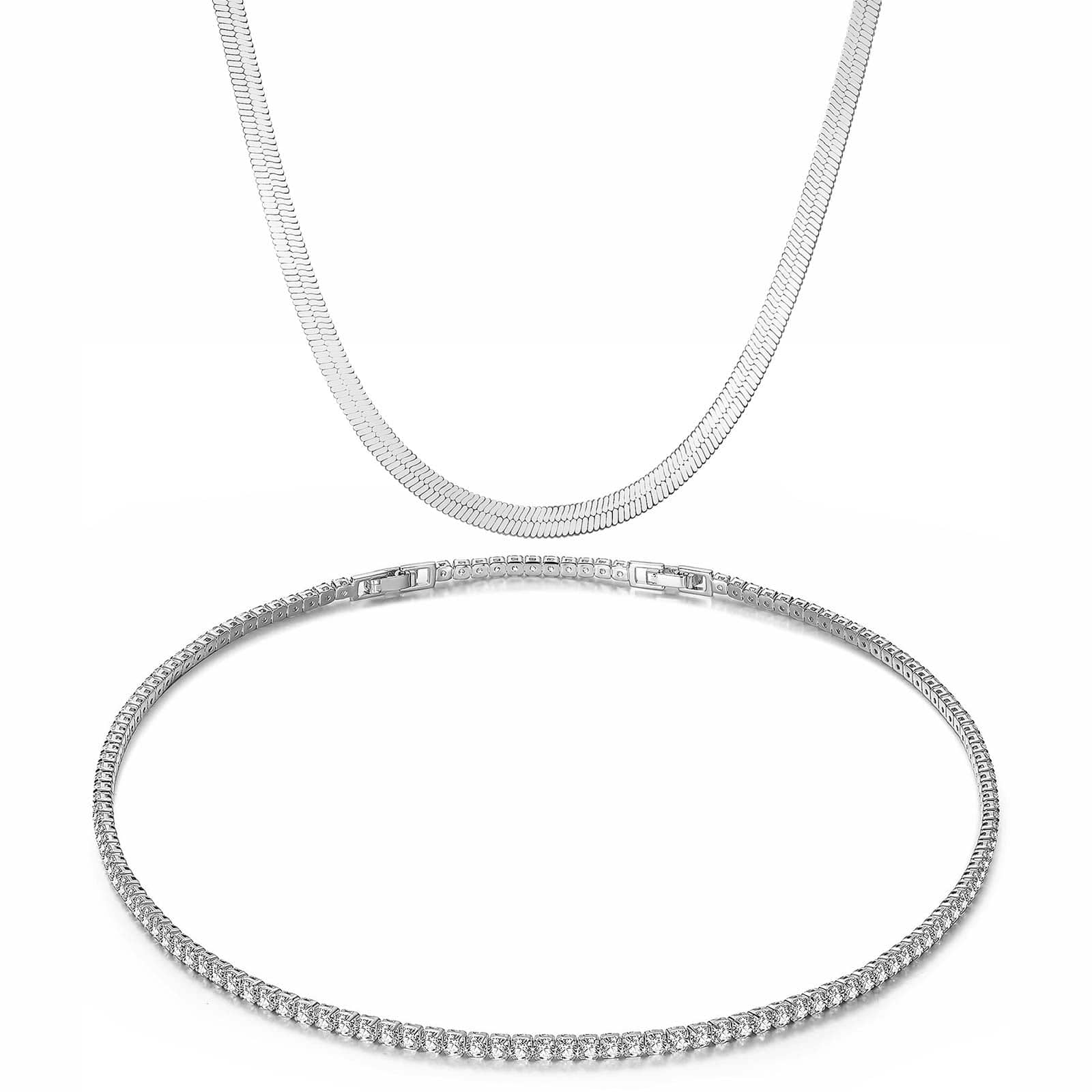 Sterling Silver Layered Necklaces Set: Flat Snake Chain and Tennis Chain Necklace Set In White Gold Plated - Image 6