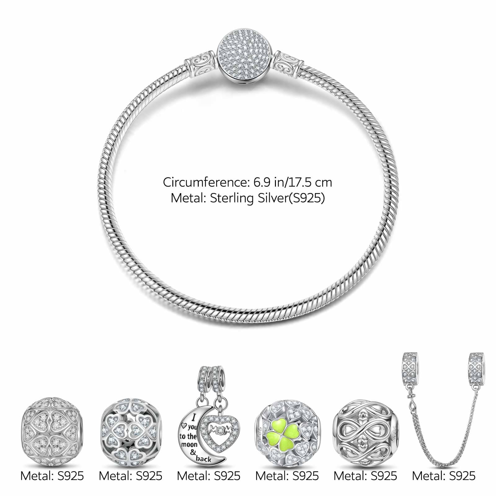 Sterling Silver Love and Luck Charms Bracelet Set With Enamel In White Gold Plated (Includes bracelet and all charms shown) - Image 3