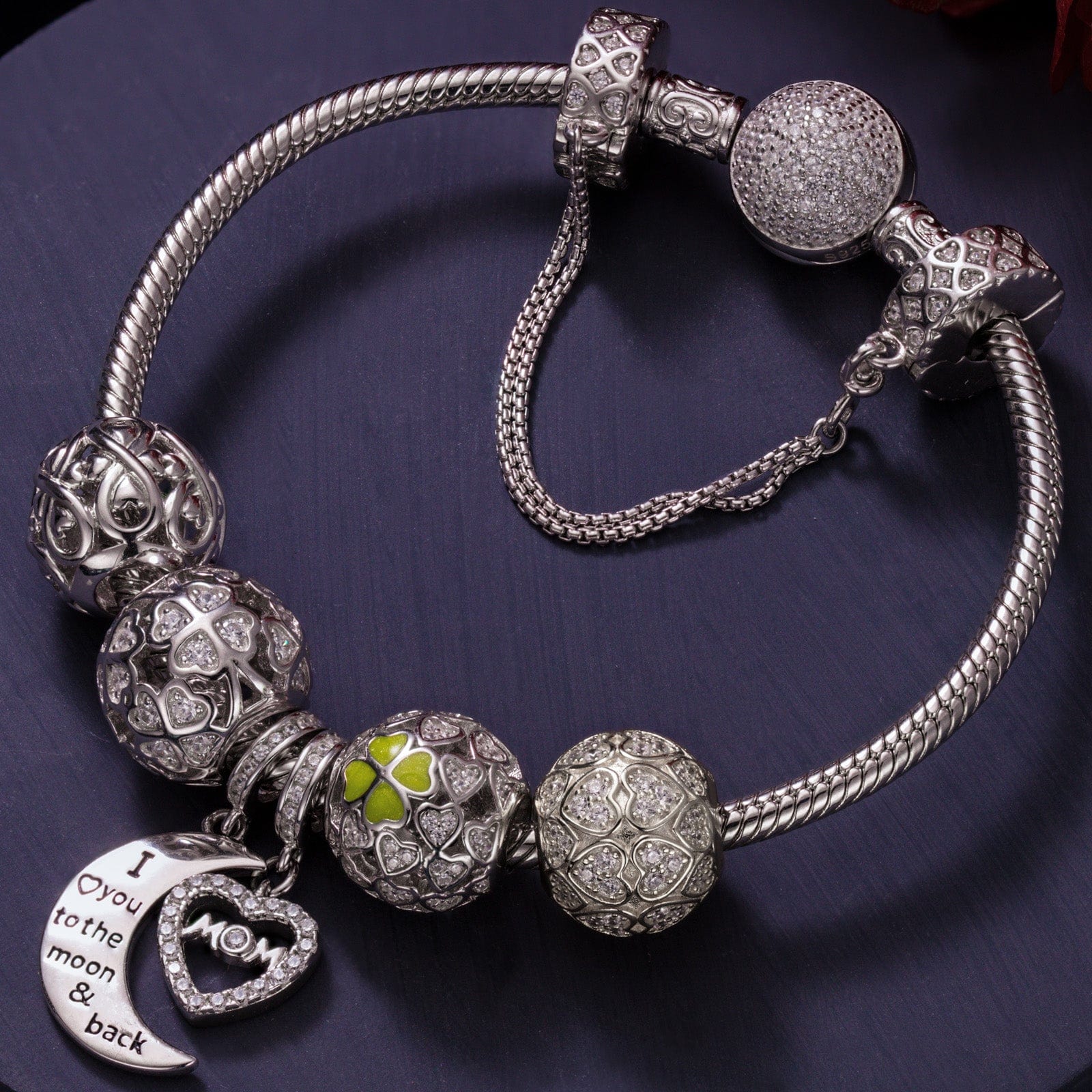 Sterling Silver Love and Luck Charms Bracelet Set With Enamel In White Gold Plated (Includes bracelet and all charms shown)