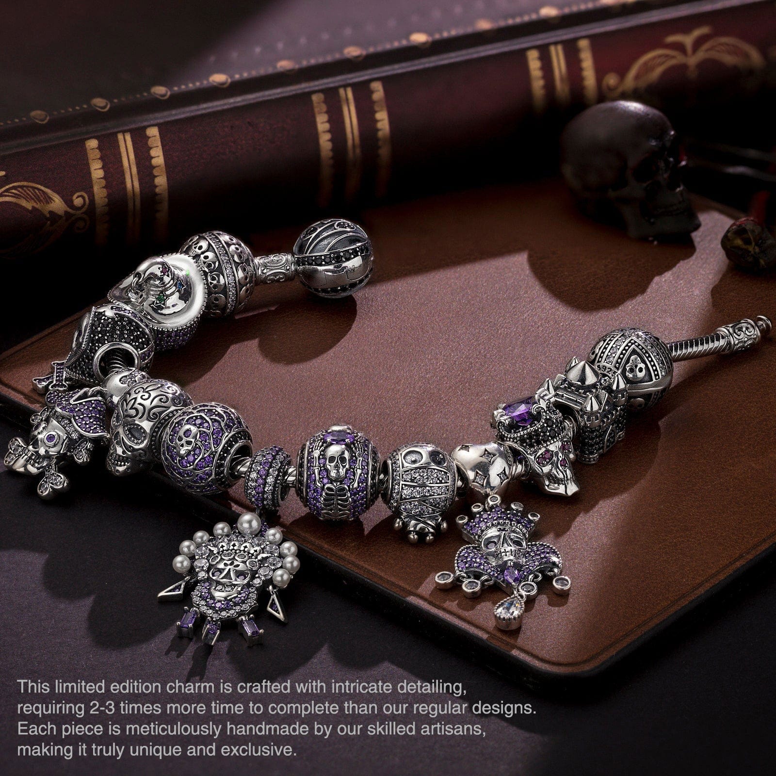 Limited Edition Flash Sale: Sterling Silver Shadowed Skull Kingdom Charms Bracelet Set With Enamel In White Gold Plated (Includes bracelet and all charms shown) - Image 3