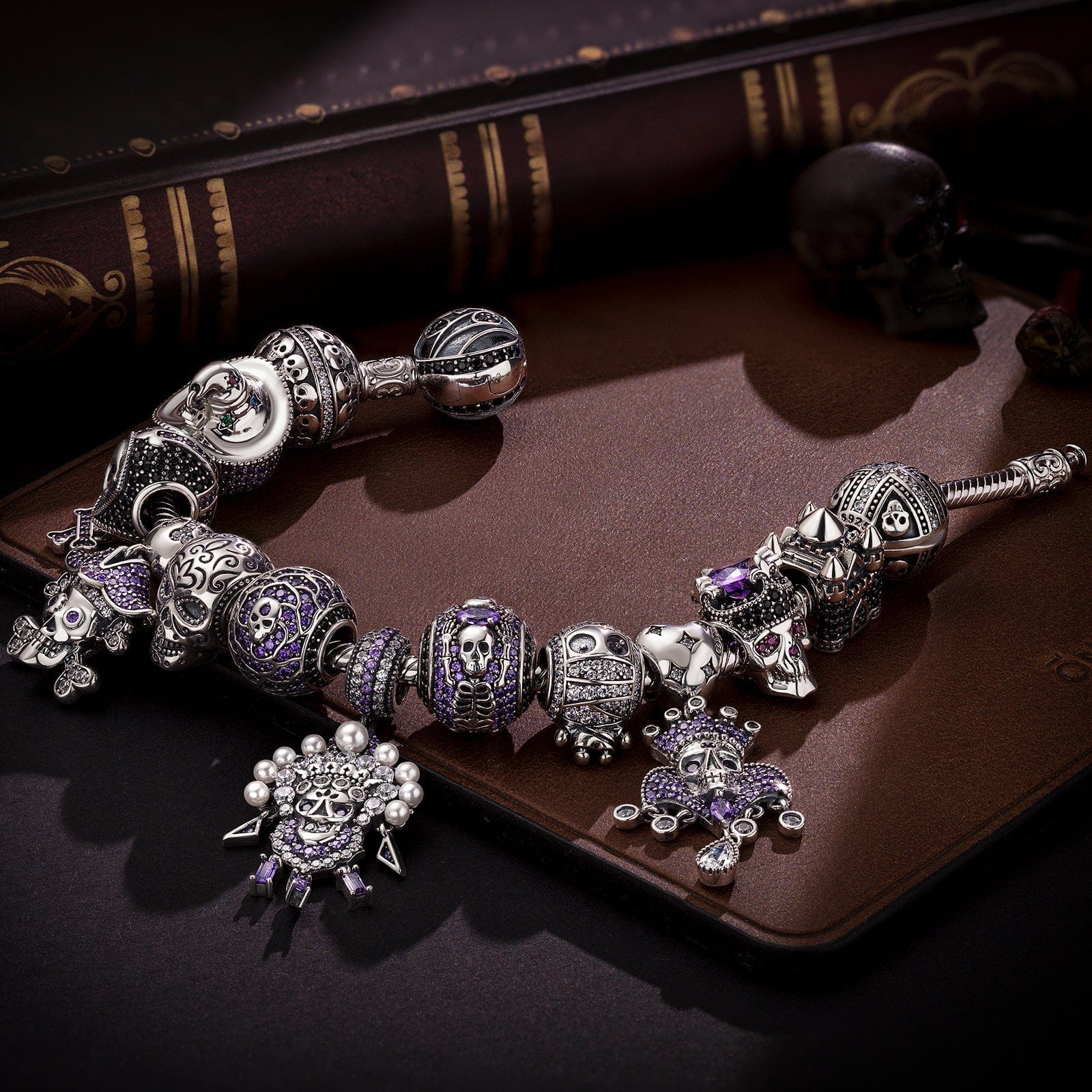 Limited Edition Flash Sale: Sterling Silver Shadowed Skull Kingdom Charms Bracelet Set With Enamel In White Gold Plated (Includes bracelet and all charms shown) - Image 4