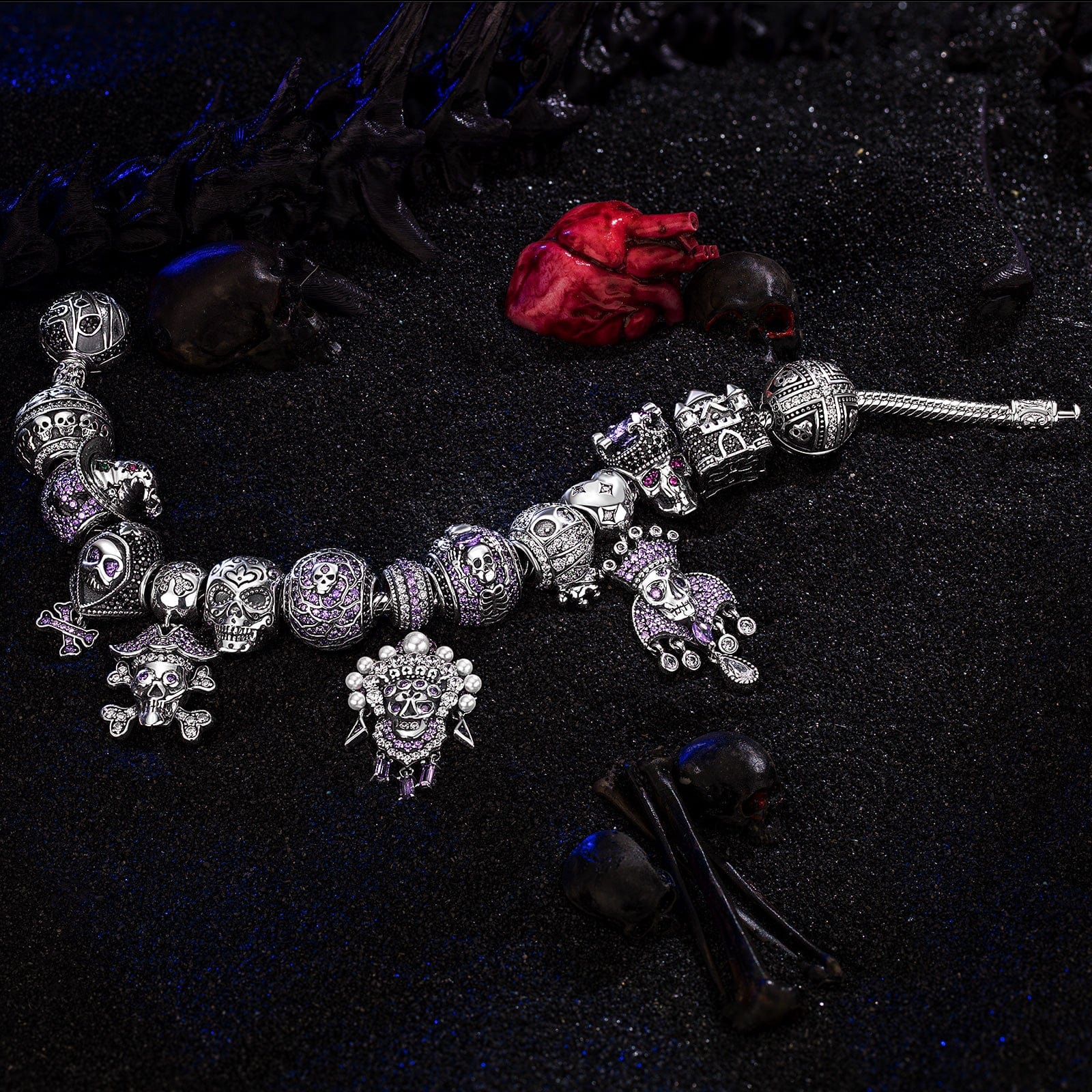 Limited Edition Flash Sale: Sterling Silver Shadowed Skull Kingdom Charms Bracelet Set With Enamel In White Gold Plated (Includes bracelet and all charms shown) - Image 6