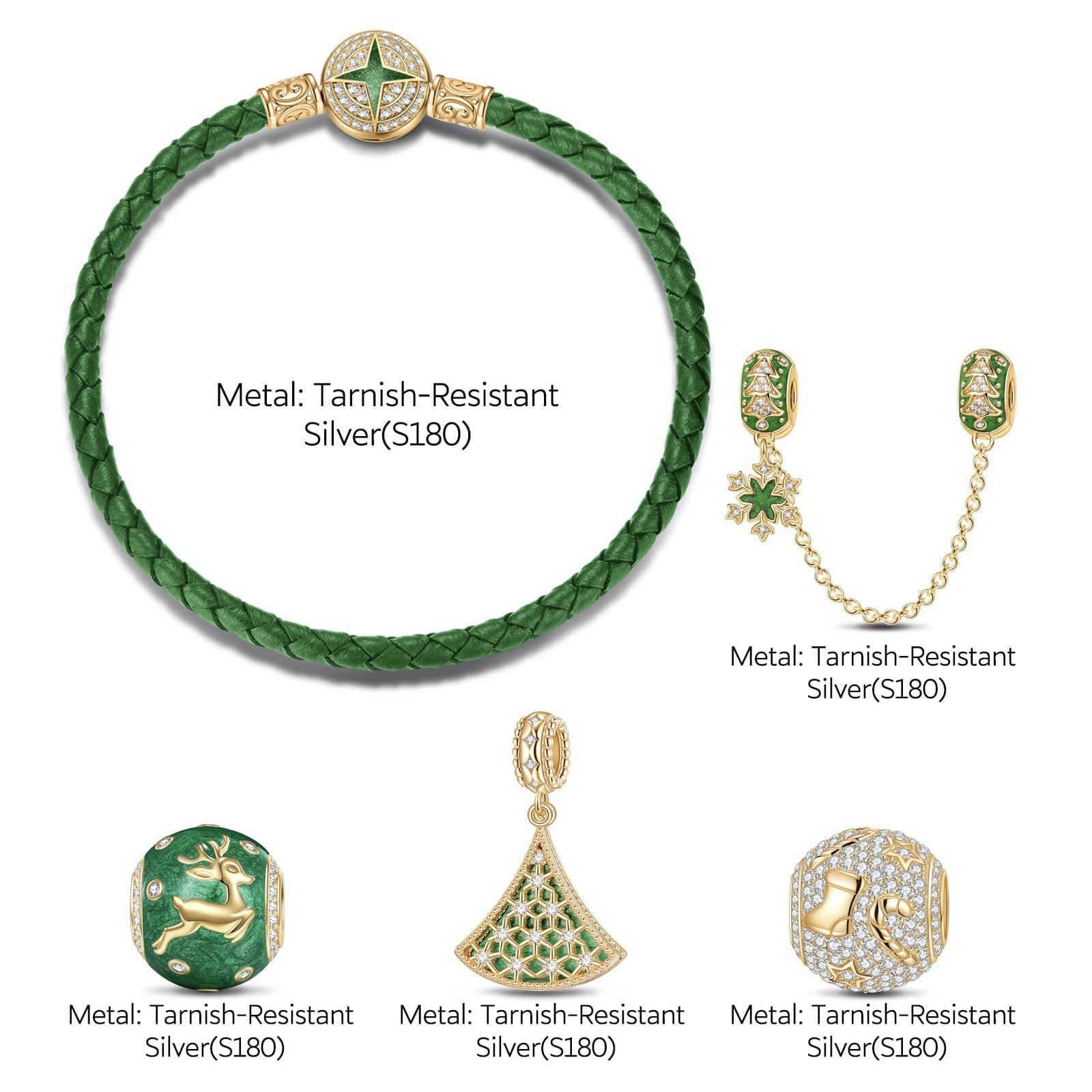 Green Christmas Night Tarnish-resistant Silver Charms Bracelet Set With Enamel In 14K Gold Plated (Includes bracelet and all charms shown) - Image 2