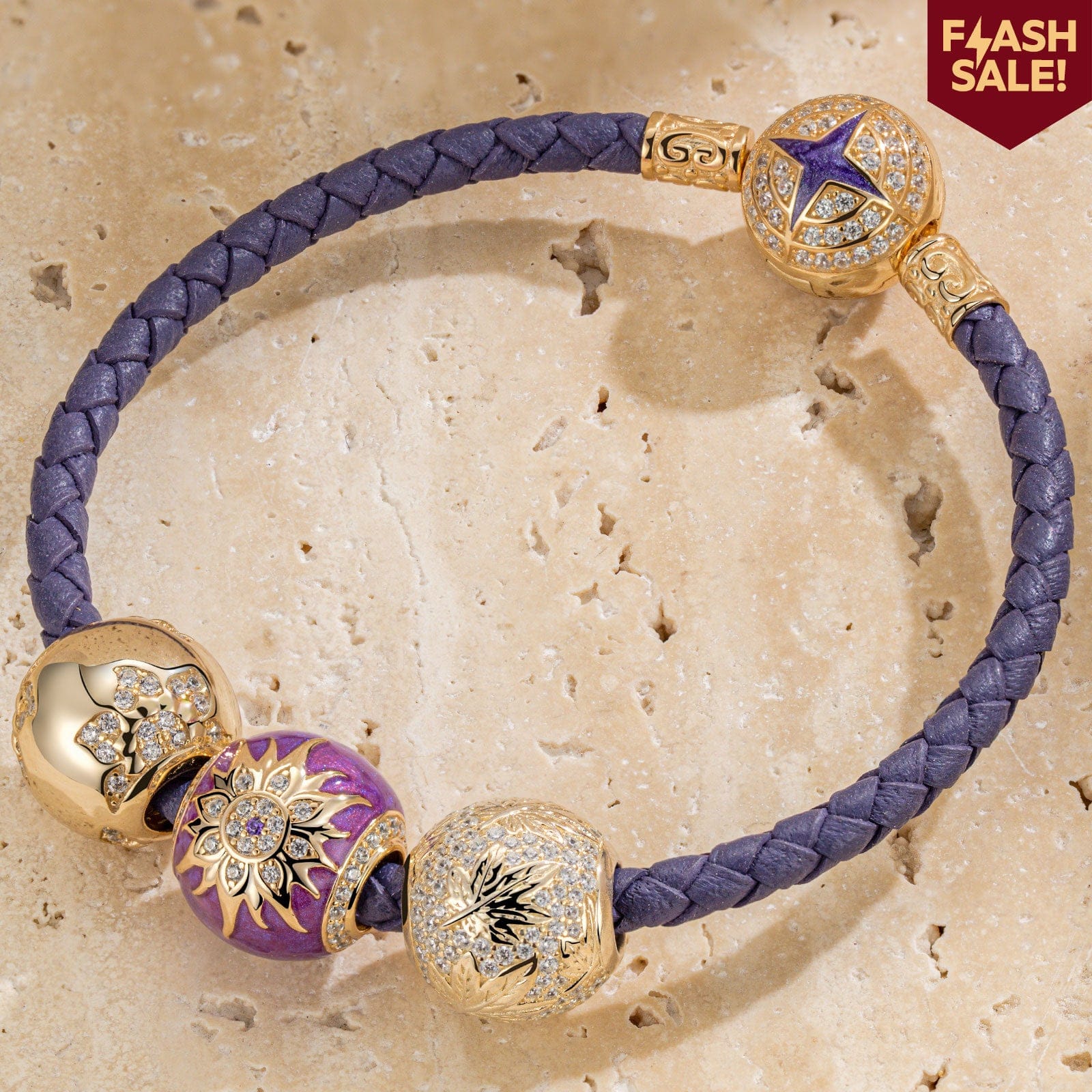Blooming Mulberry Purple Tarnish-resistant Silver Charms Bracelet Set With Enamel In 14K Gold Plated (Includes bracelet and all charms shown)