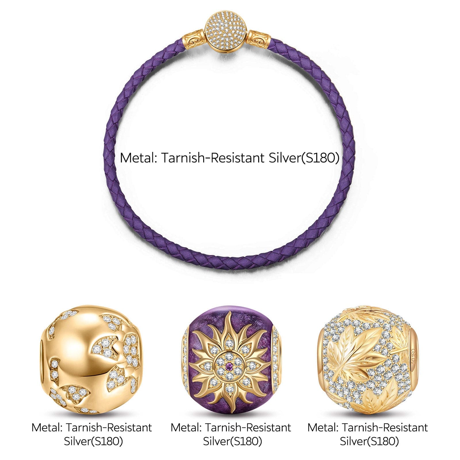 Blooming Mulberry Purple Tarnish-resistant Silver Charms Bracelet Set With Enamel In 14K Gold Plated (Includes bracelet and all charms shown) - Image 2