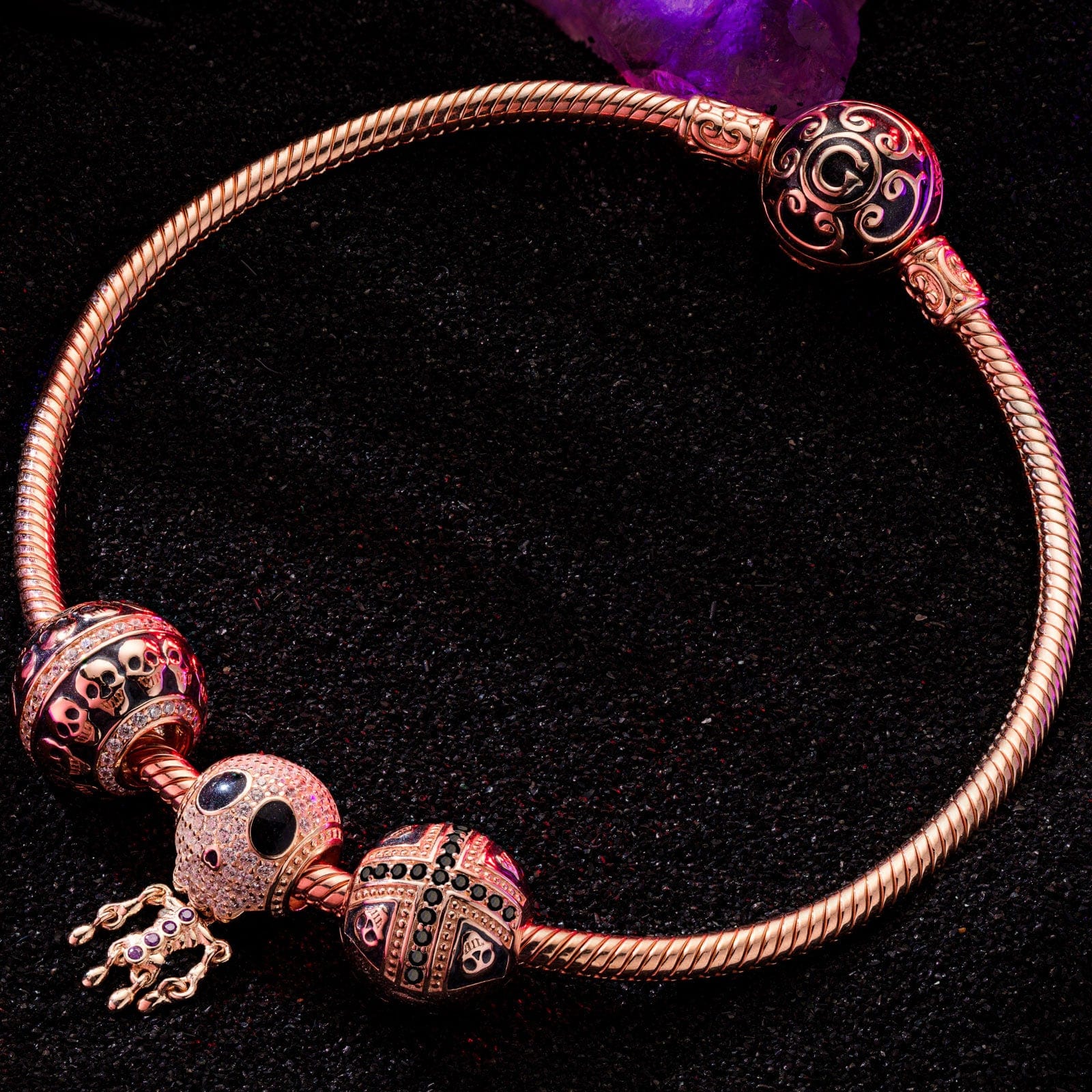 The Skull Mirage Tarnish-resistant Silver Charms Bracelet Set With Enamel In Rose Gold Plated (Includes bracelet and all charms shown) - Image 3