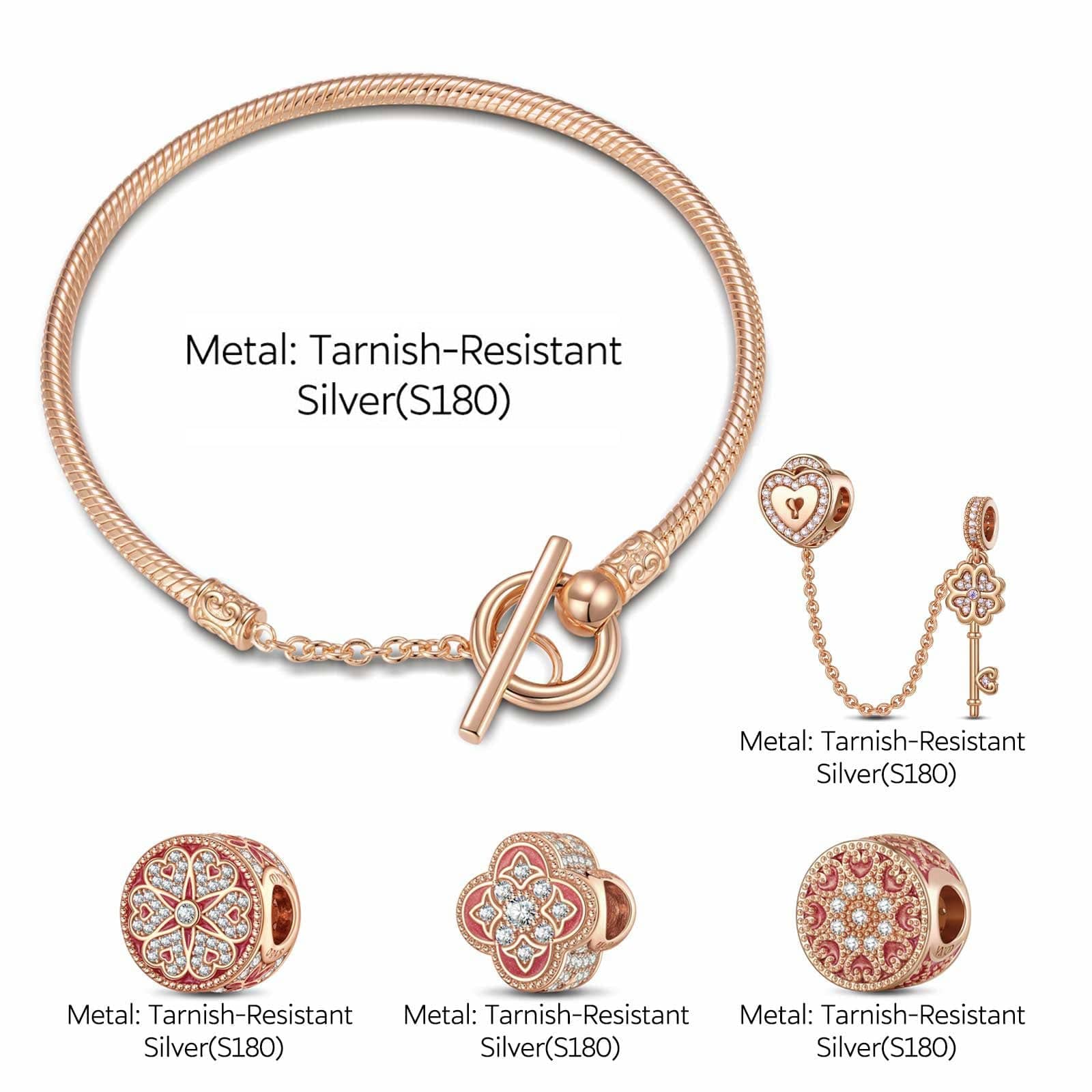 Sterling Silver Key to the Blooming Heart Charms Bracelet Set With Enamel In Rose Gold Plated (Includes bracelet and all charms shown) - Image 2