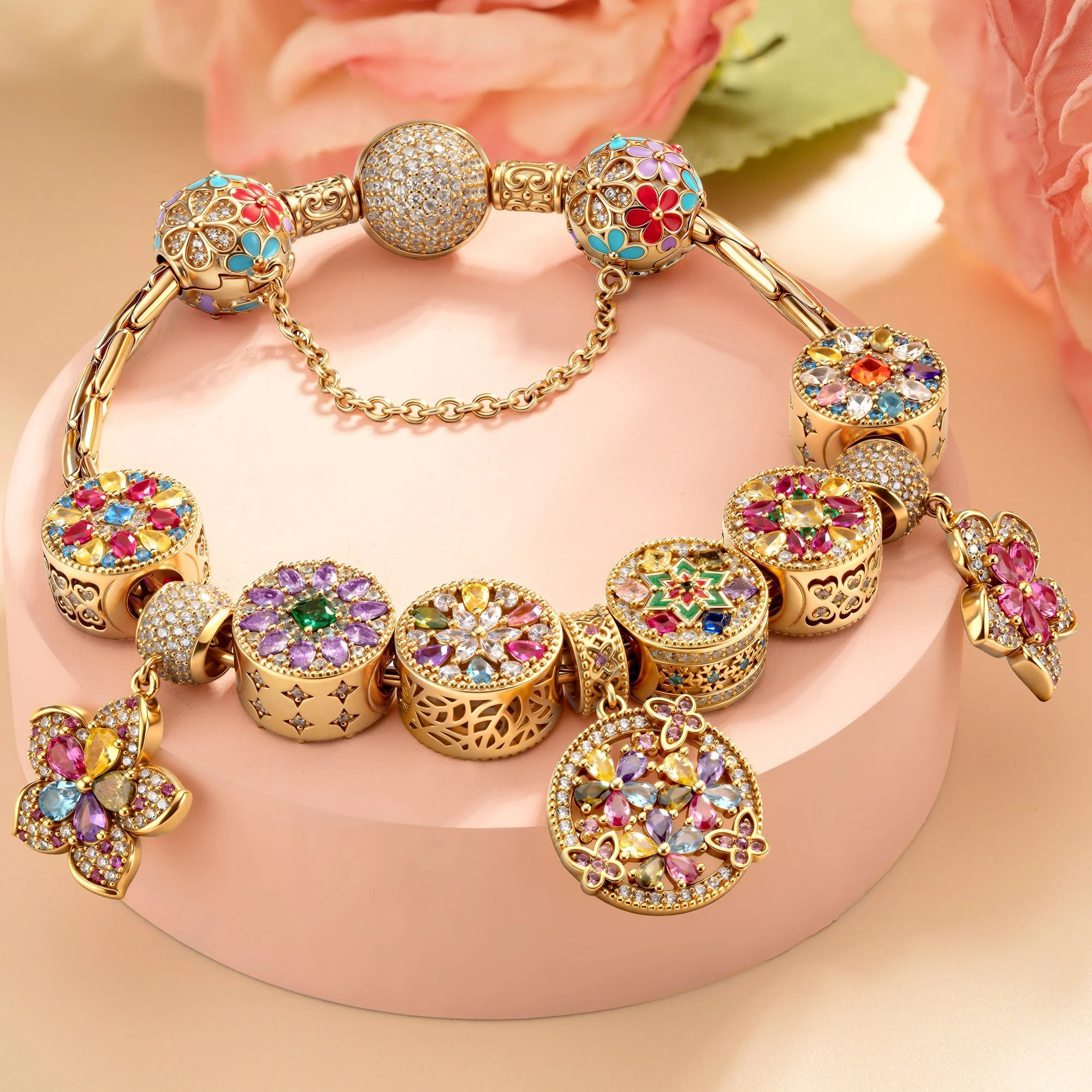 Rainbow Floral & Cluster Tarnish-resistant Silver Charm Bracelet Set In 14K Gold Plated (Includes bracelet and all charms shown) - Image 2