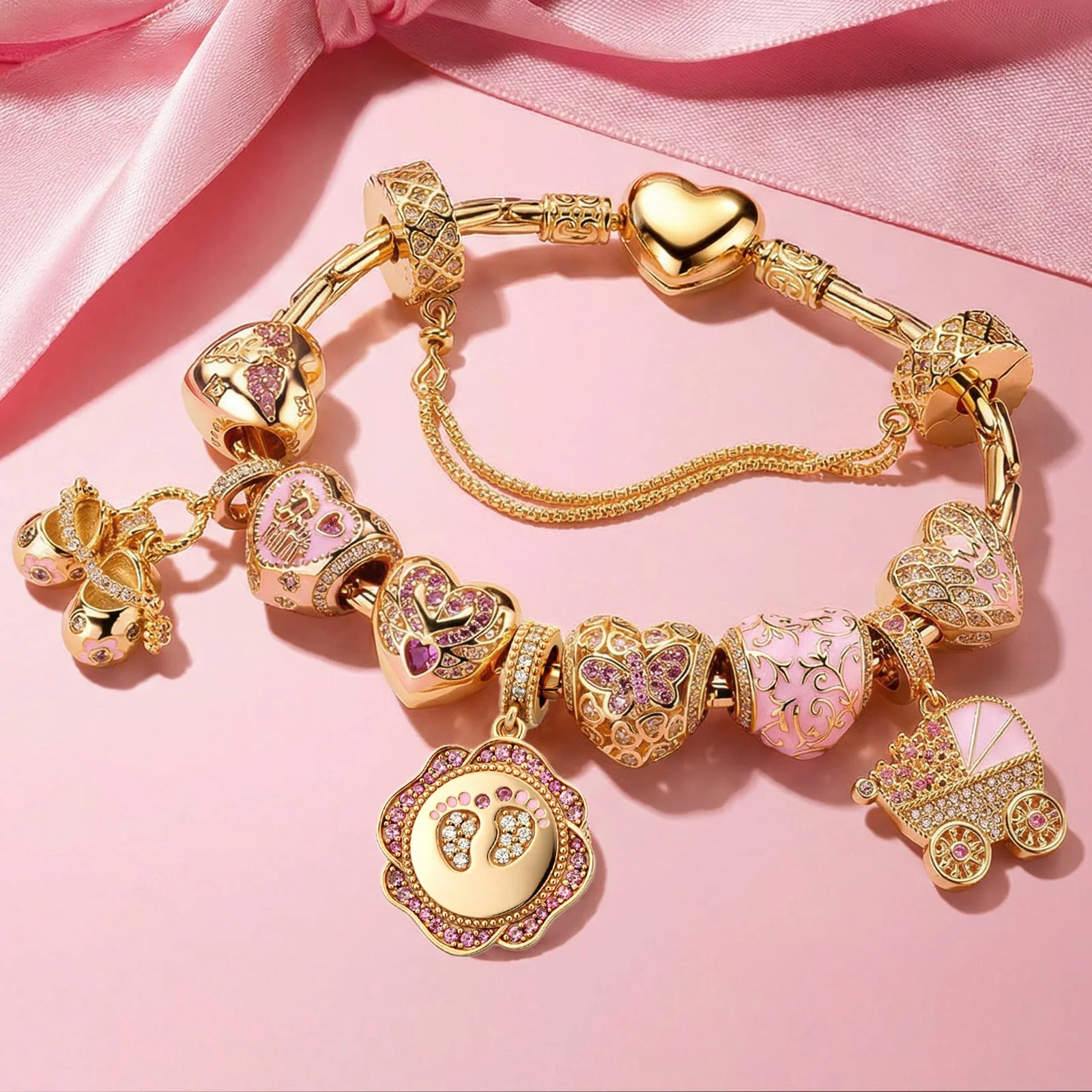 Timeless Love for Mom Tarnish-resistant Silver Charm Bracelet Set in Pink Gold Plated (Includes Bracelet and All Charms Shown)