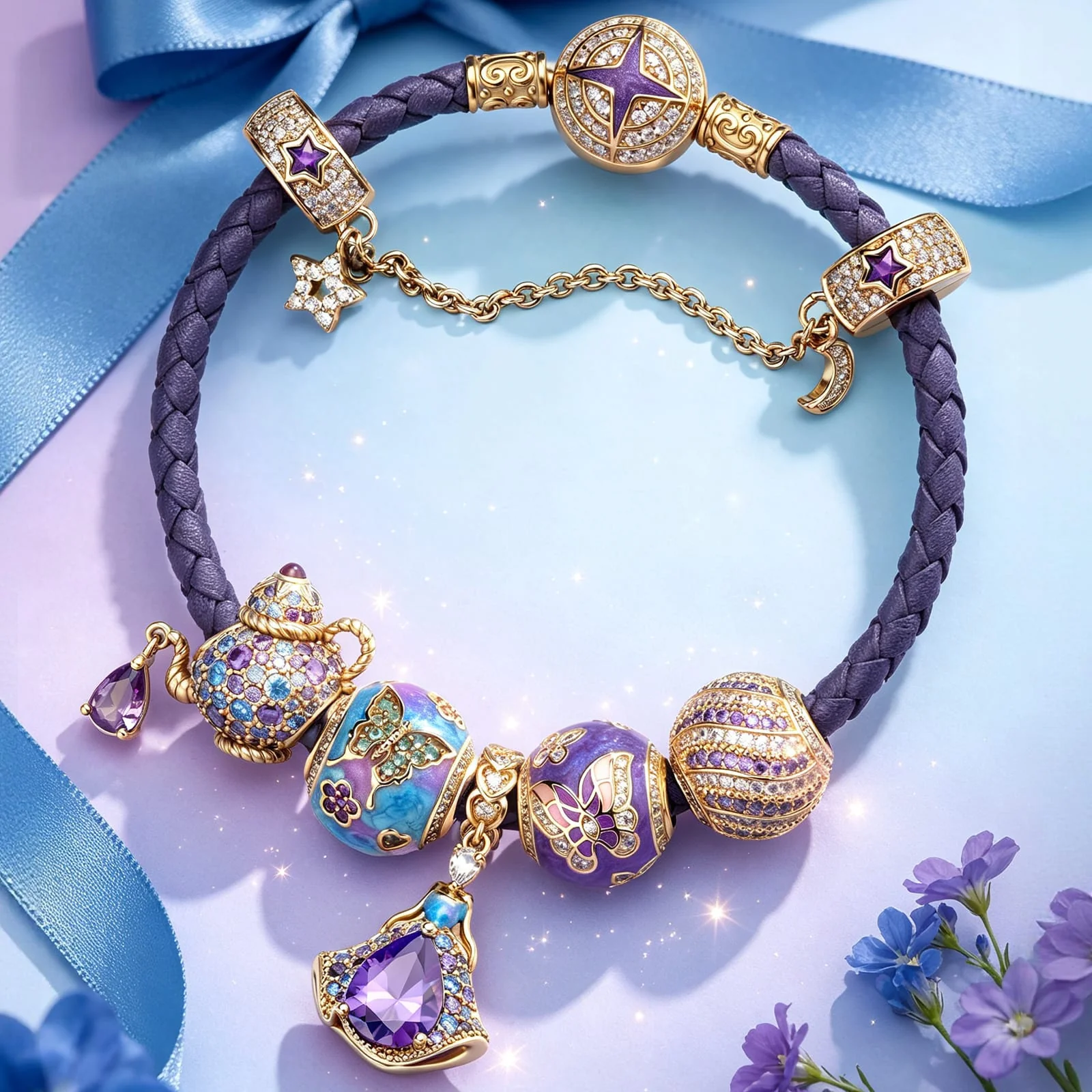 Enchanted Wonderland Tea Party Leather Bracelet With Tarnish-Resistant Silver Accents And Charms (Includes Bracelet And All Charms Shown)