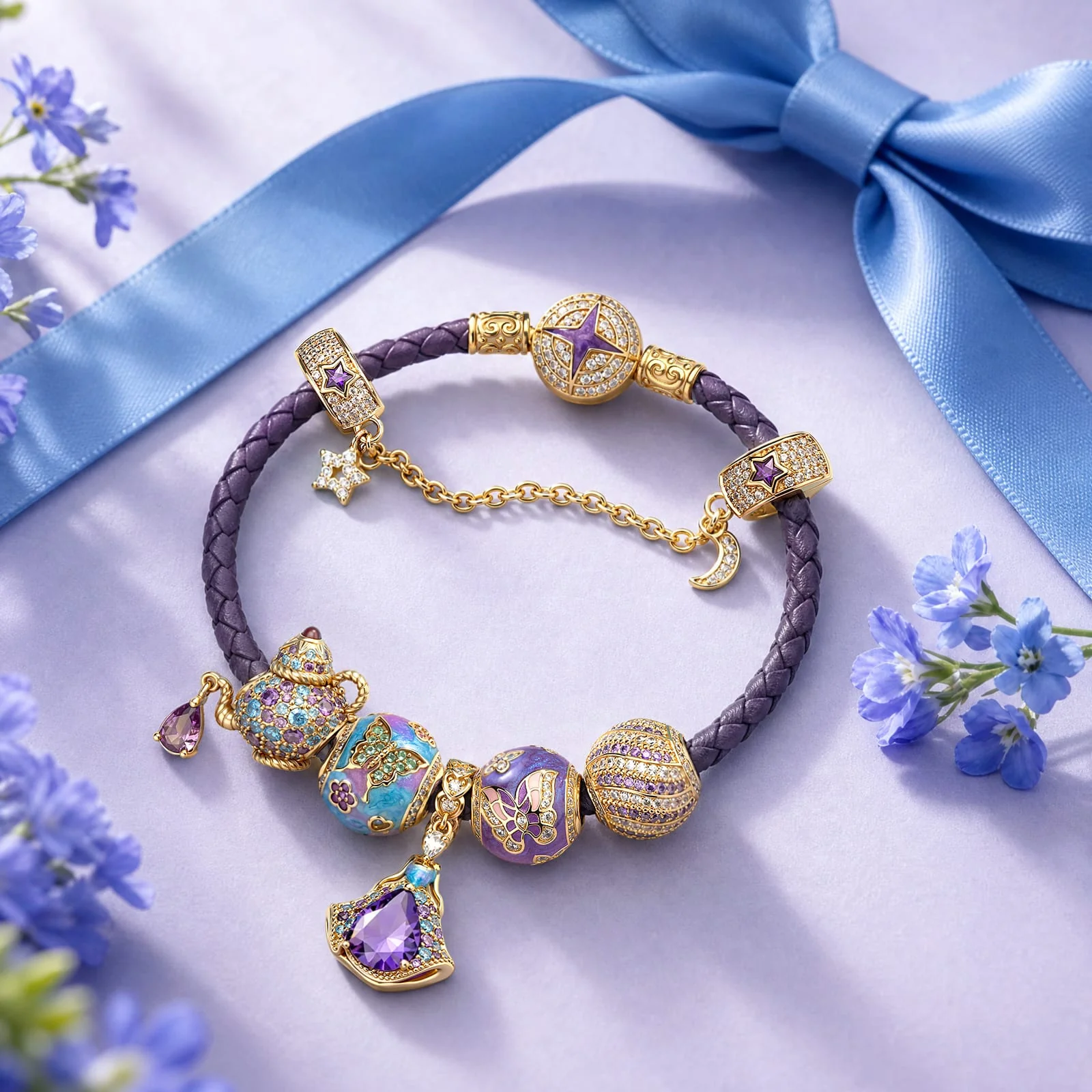 Enchanted Wonderland Tea Party Leather Bracelet With Tarnish-Resistant Silver Accents And Charms (Includes Bracelet And All Charms Shown) - Image 2
