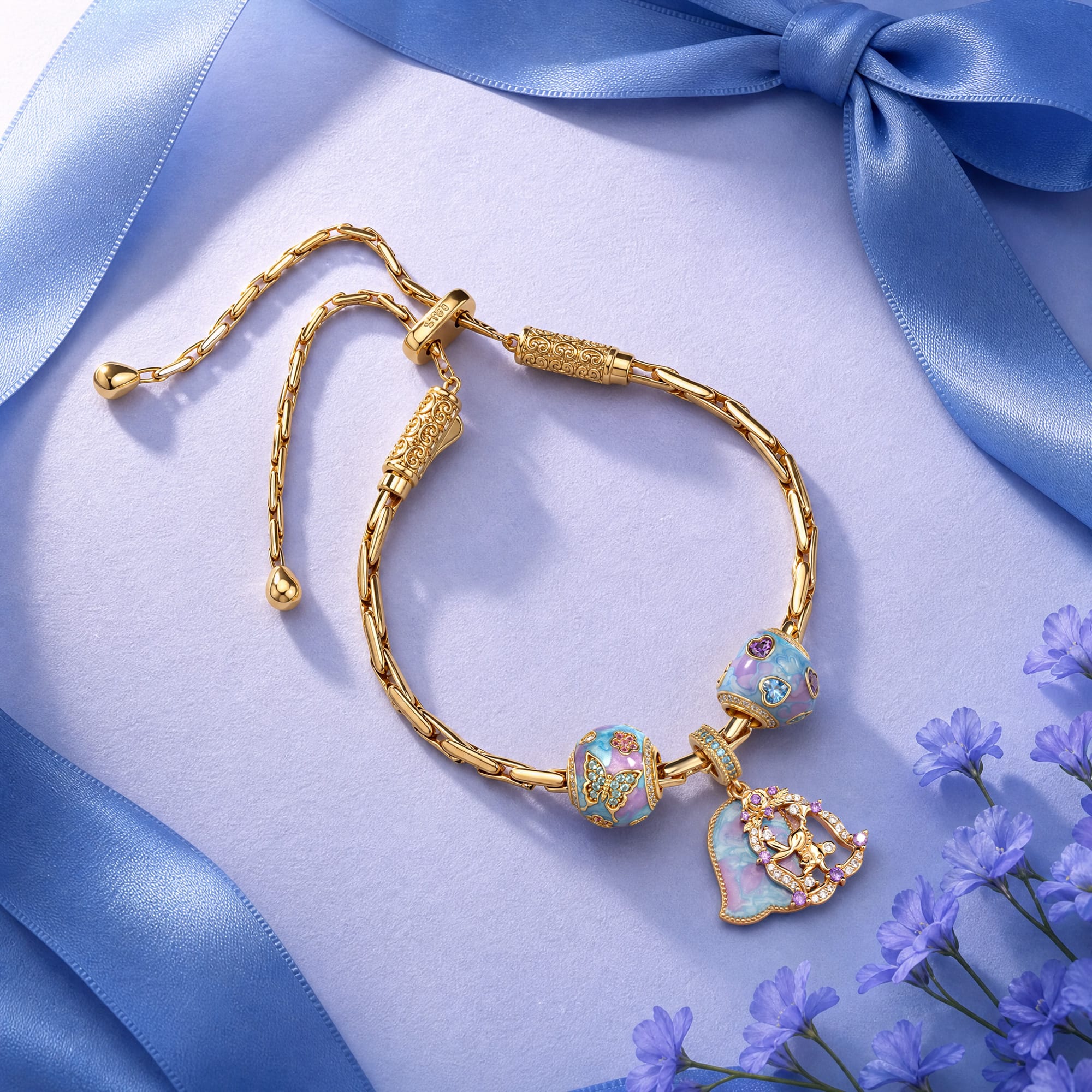Adjustable Enchanted Fairy Tarnish-Resistant Silver Charm Bracelet Set In 14K Gold Plated (Includes bracelet and all charms shown) - Image 2