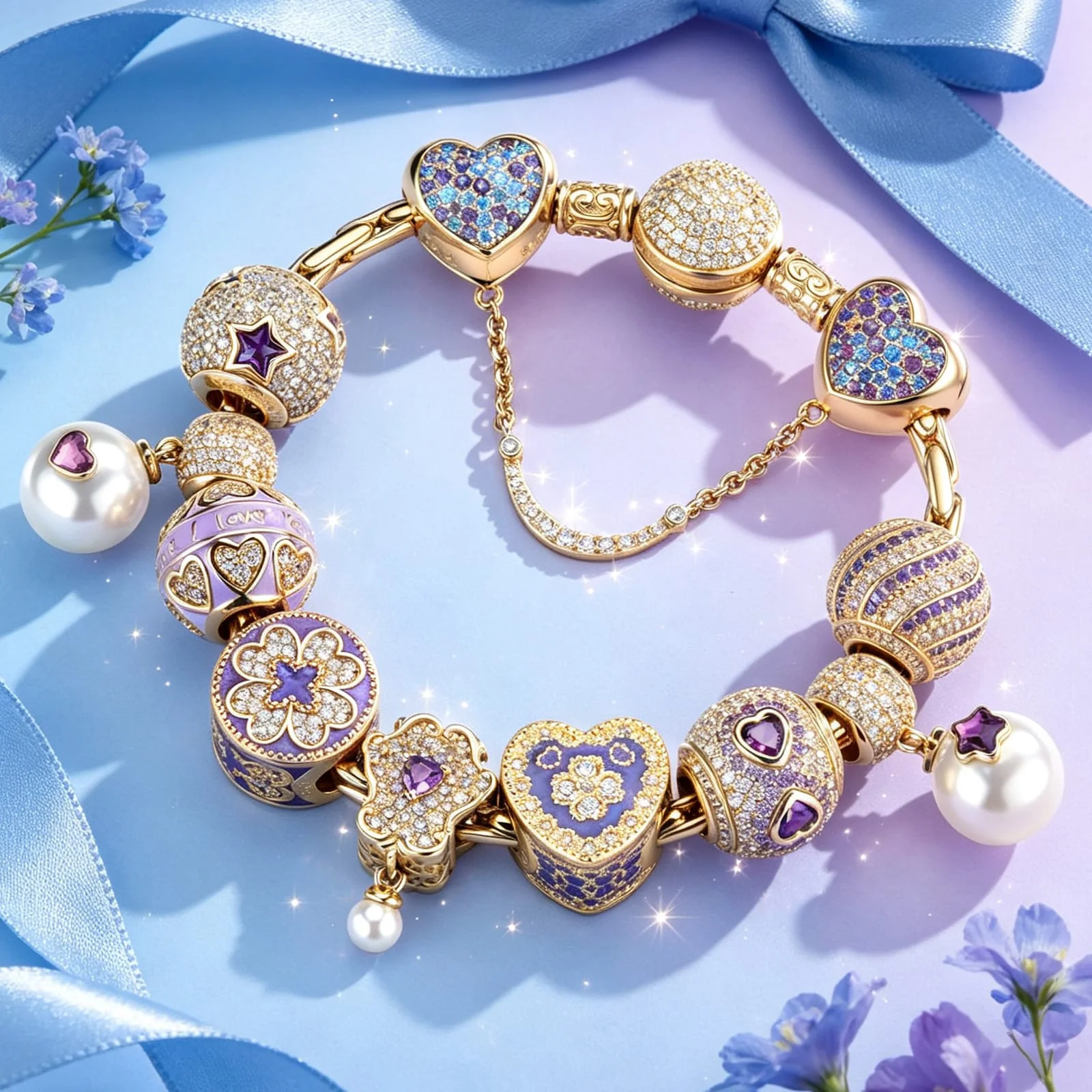 Purple Pearl Wonderland Tarnish-Resistant Silver Charm Bracelet Set In 14K Gold Plated (Includes bracelet and all charms shown)