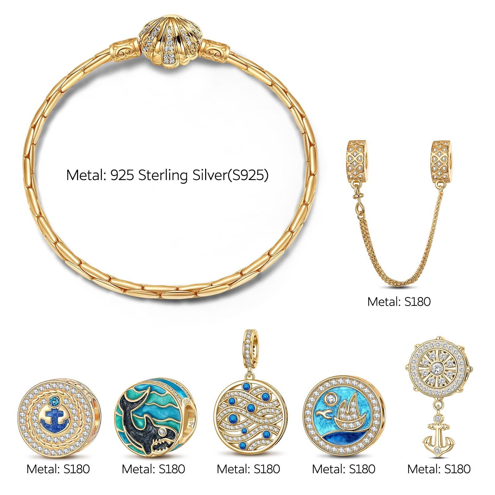 Sterling Silver Blue Ocean Charms Bracelet Set With Enamel In 14K Gold Plated (Includes bracelet and all charms shown) - Image 2