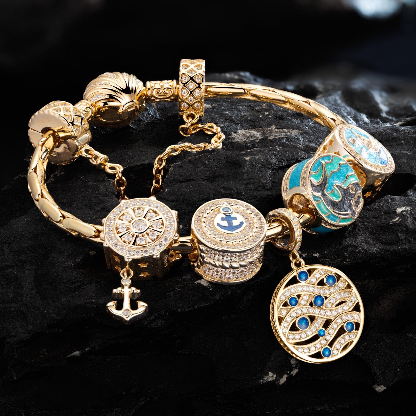 Sterling Silver Blue Ocean Charms Bracelet Set With Enamel In 14K Gold Plated (Includes bracelet and all charms shown) - Image 3