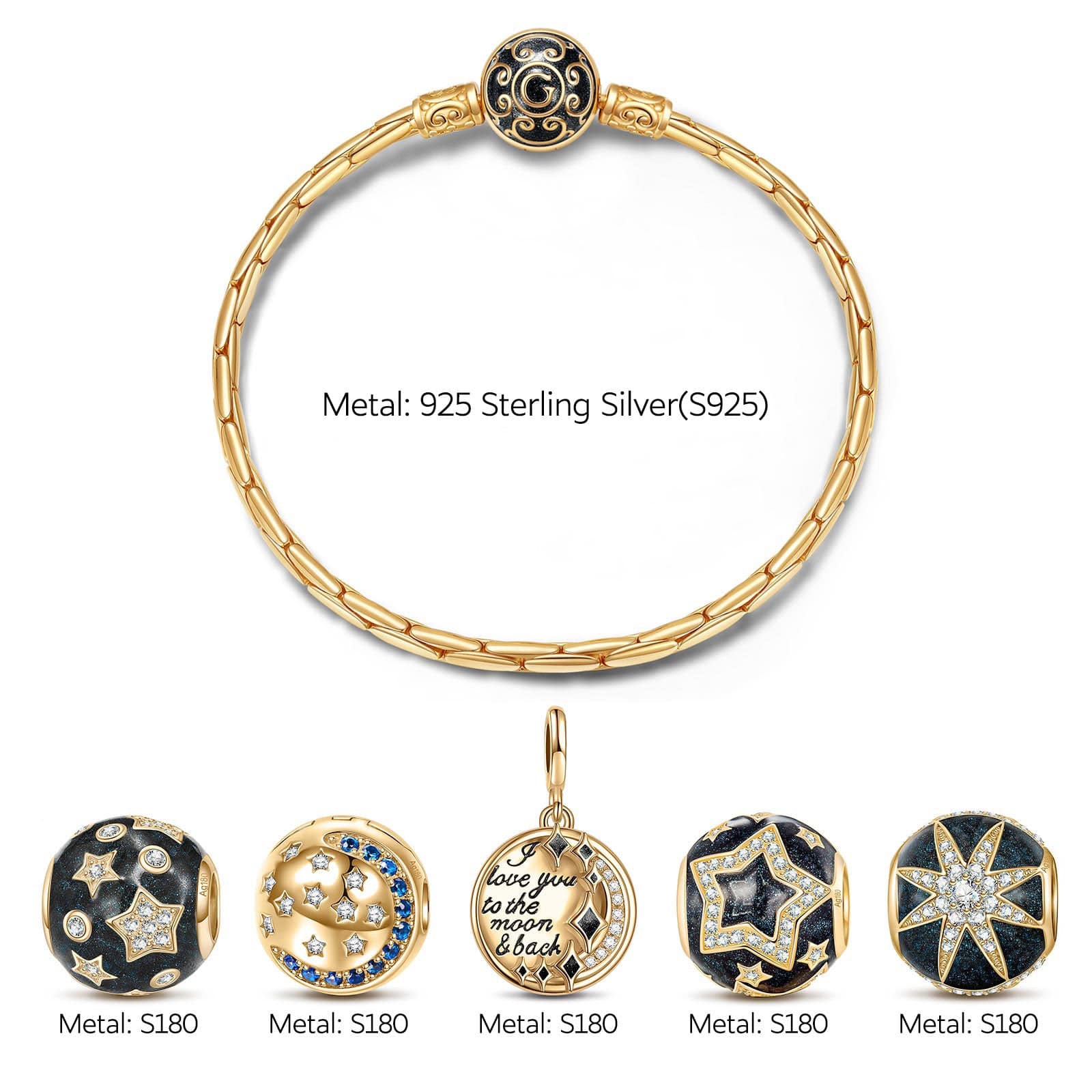Sterling Silver Starry Night Charms Bracelet Set With Enamel In 14K Gold Plated (Includes bracelet and all charms shown) - Image 2