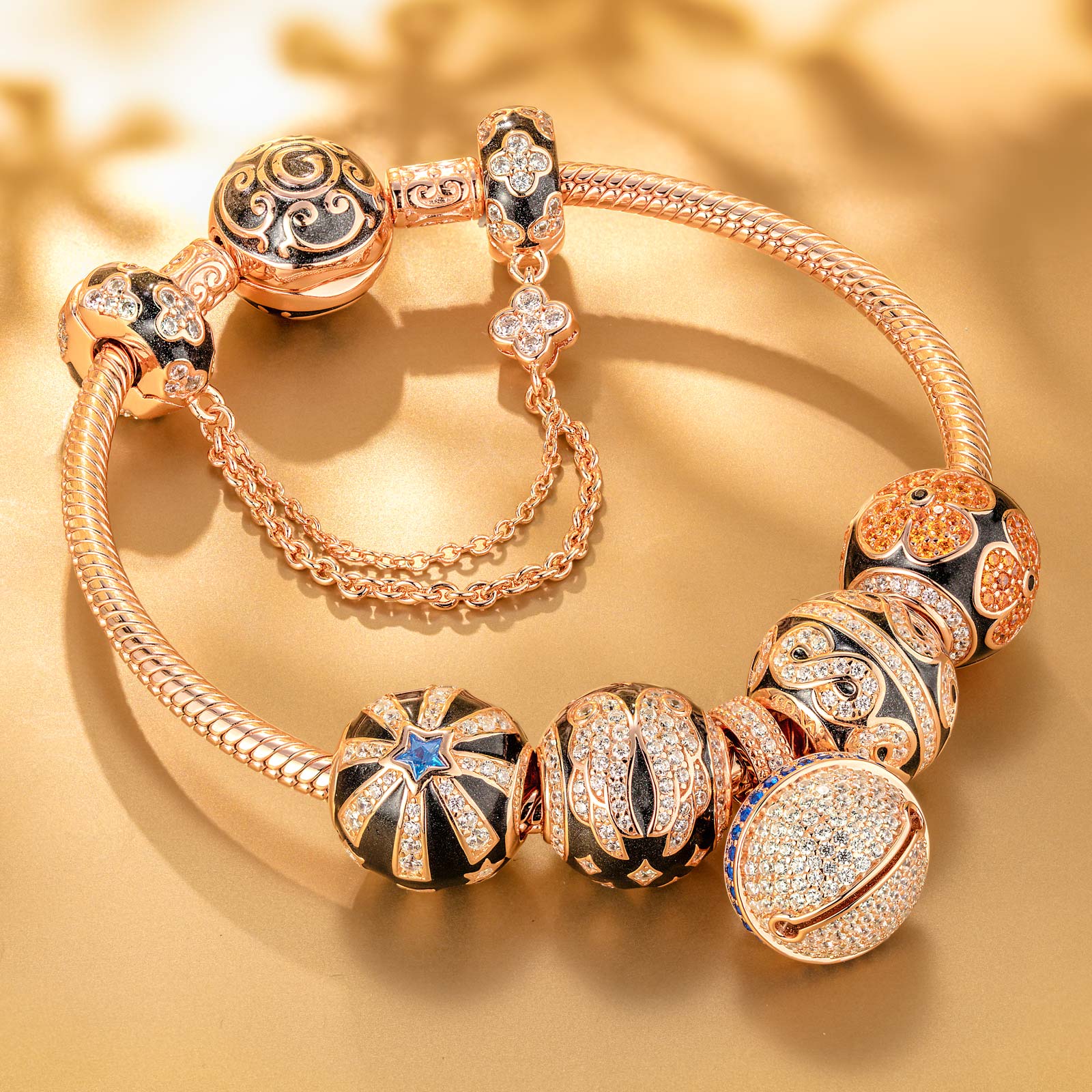Starry Eternity Collection Tarnish-resistant Silver Charms Bracelet Set With Enamel In Rose Gold Plated (Includes bracelet and all charms shown)