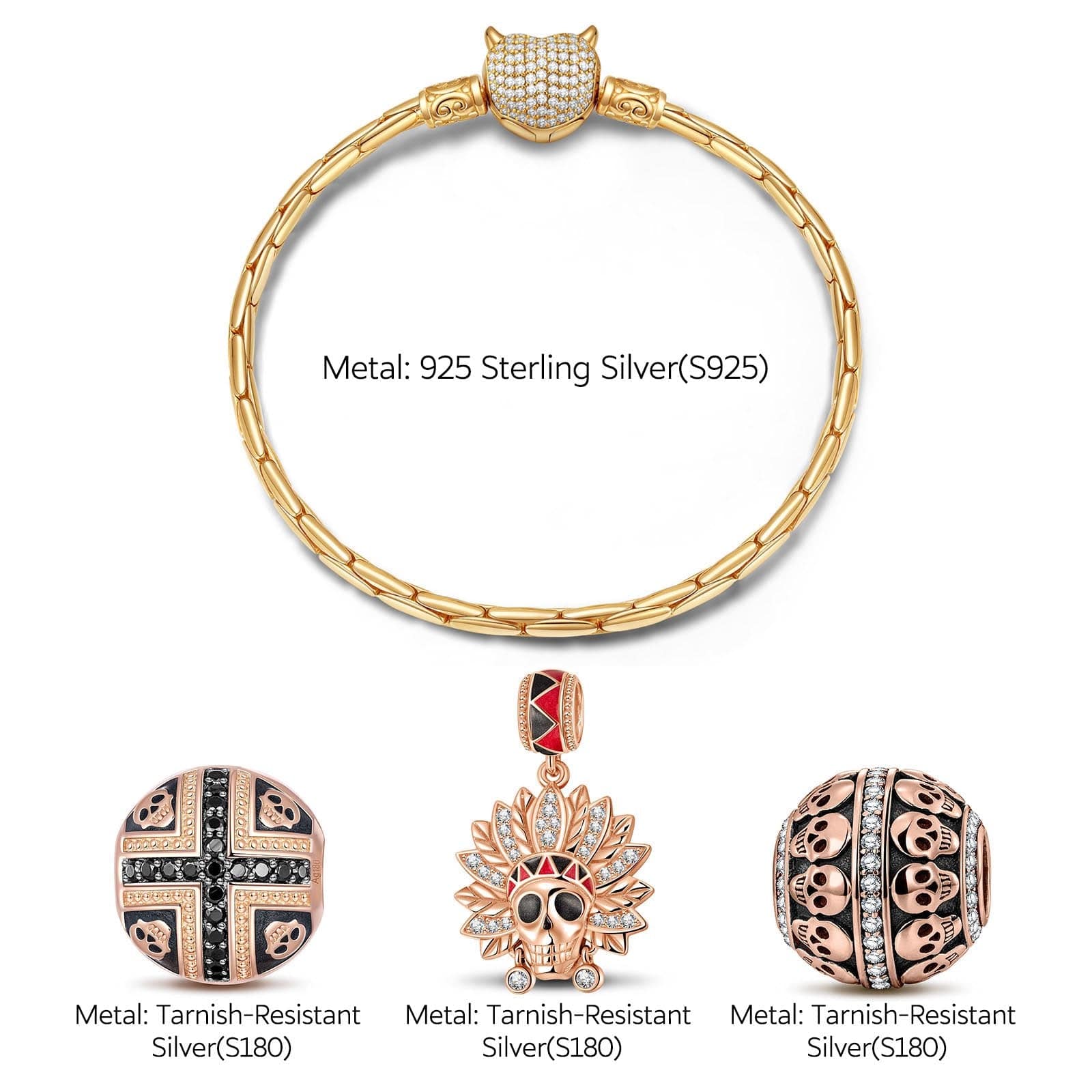 Sterling Silver Halloween & Skull Charms Bracelet Set With Enamel In Rose Gold Plated (Includes bracelet and all charms shown) - Image 2