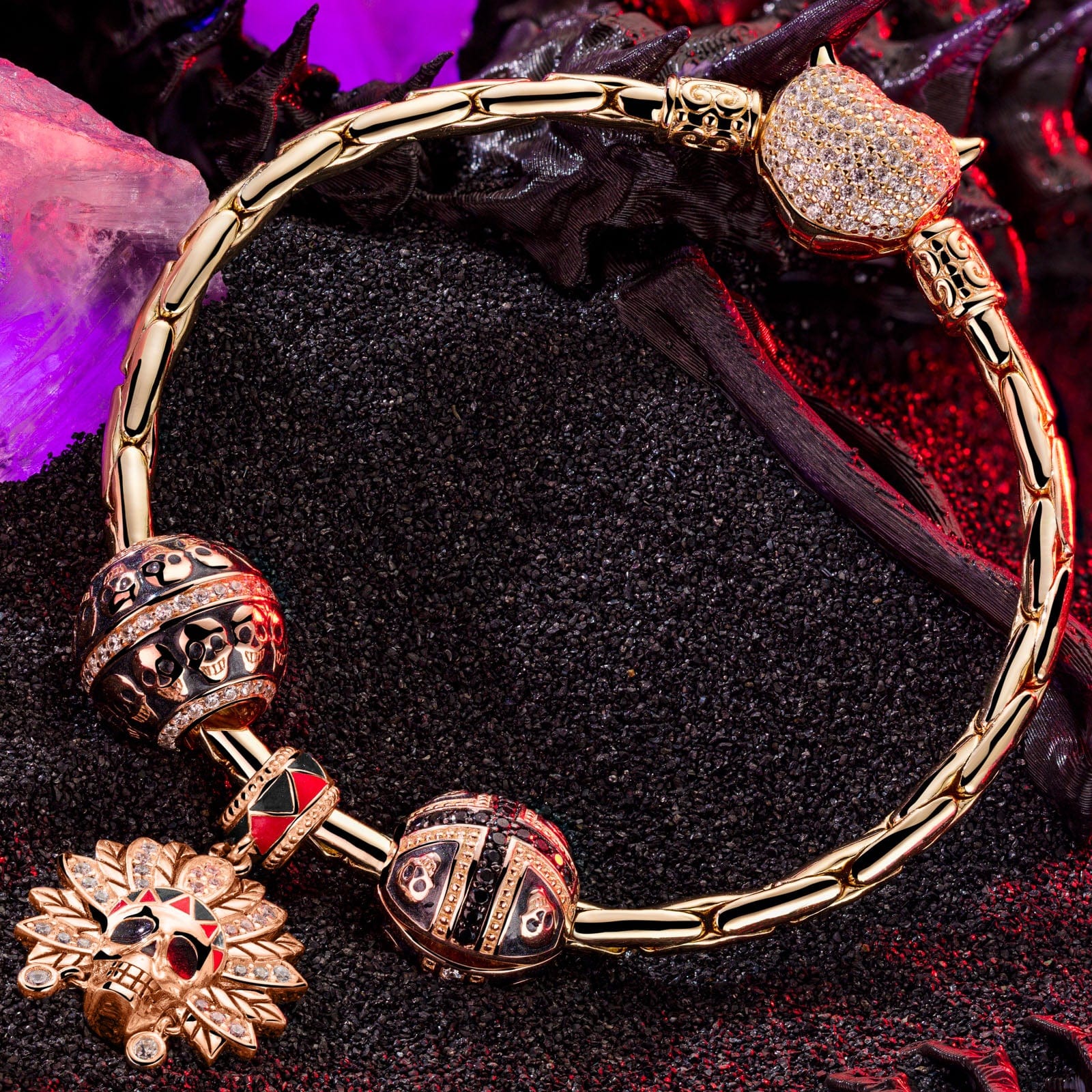 Sterling Silver Halloween & Skull Charms Bracelet Set With Enamel In Rose Gold Plated (Includes bracelet and all charms shown) - Image 3