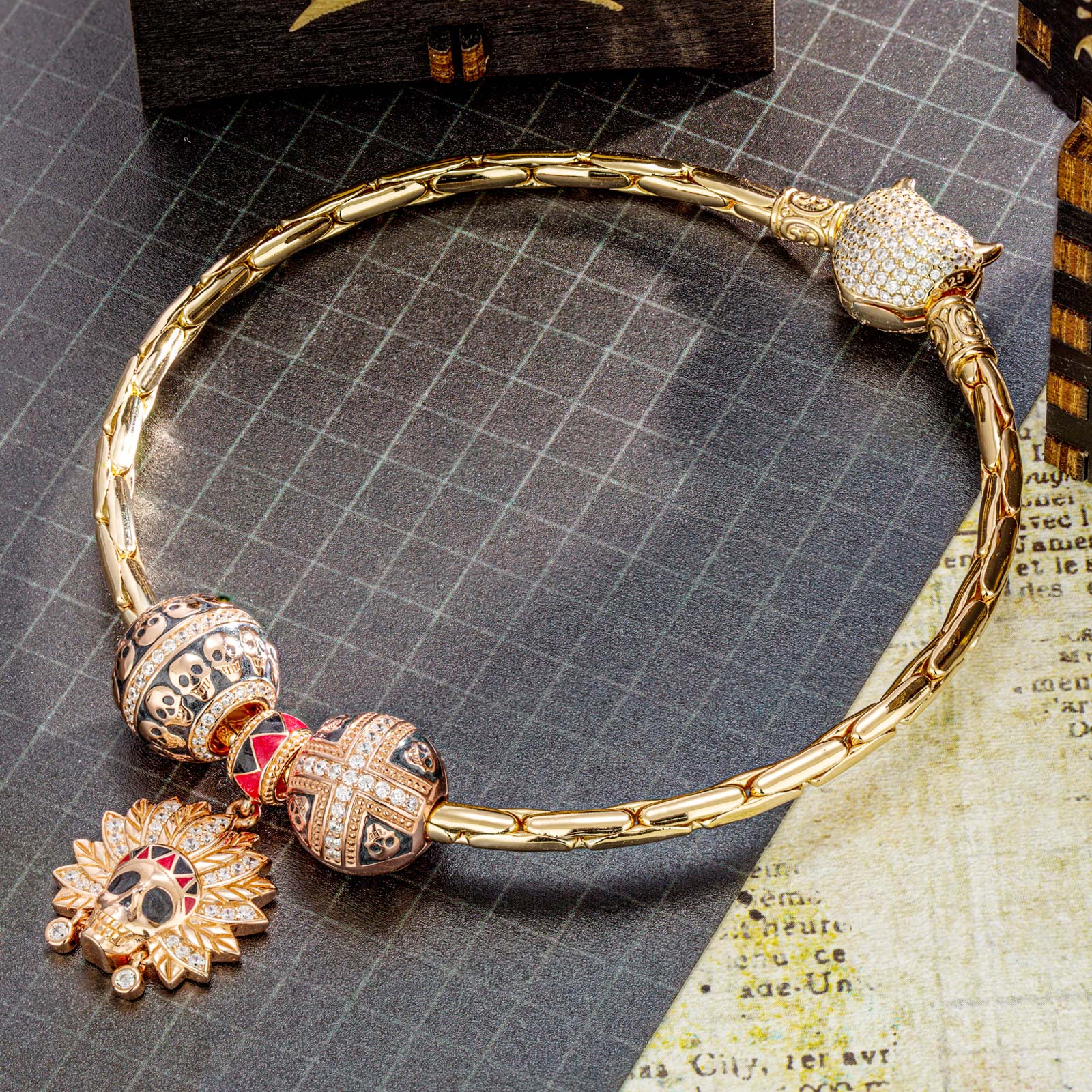 Sterling Silver Halloween & Skull Charms Bracelet Set With Enamel In Rose Gold Plated (Includes bracelet and all charms shown) - Image 4