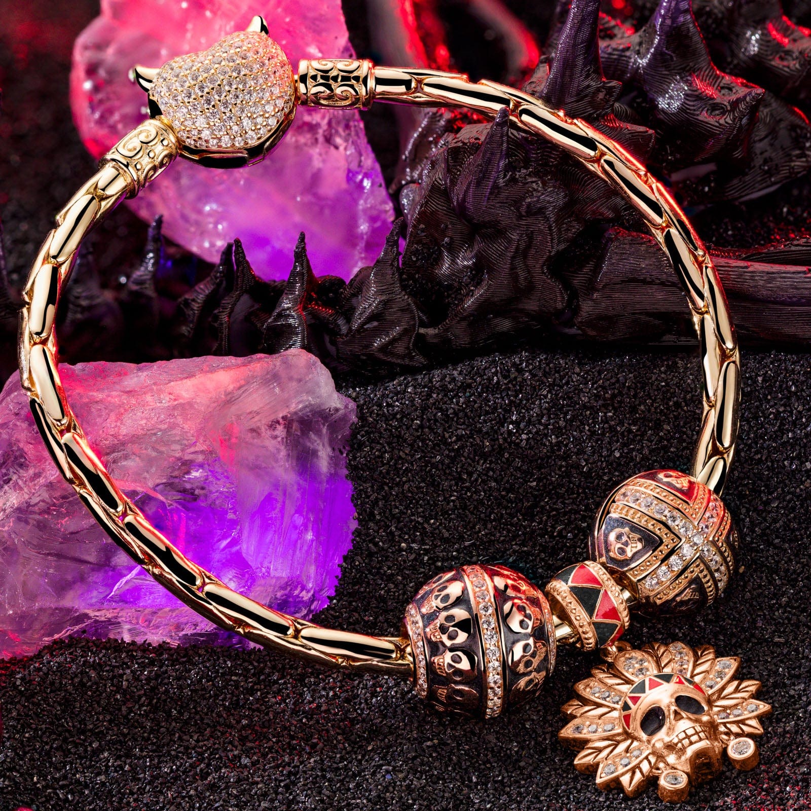 Sterling Silver Halloween & Skull Charms Bracelet Set With Enamel In Rose Gold Plated (Includes bracelet and all charms shown) - Image 5