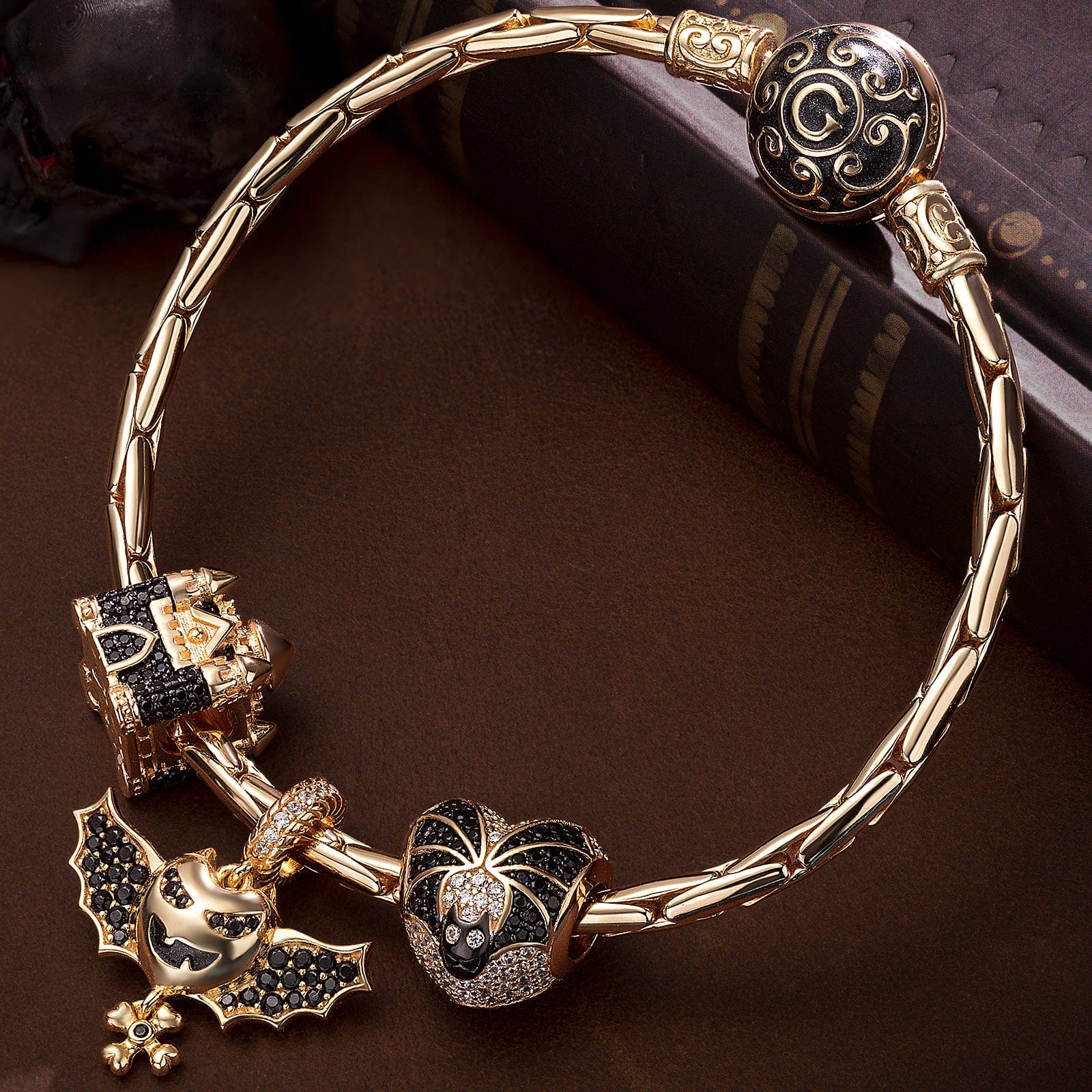 Sterling Silver Vampire Castle Charms Bracelet Set With Enamel In 14K Gold Plated (Includes bracelet and all charms shown)