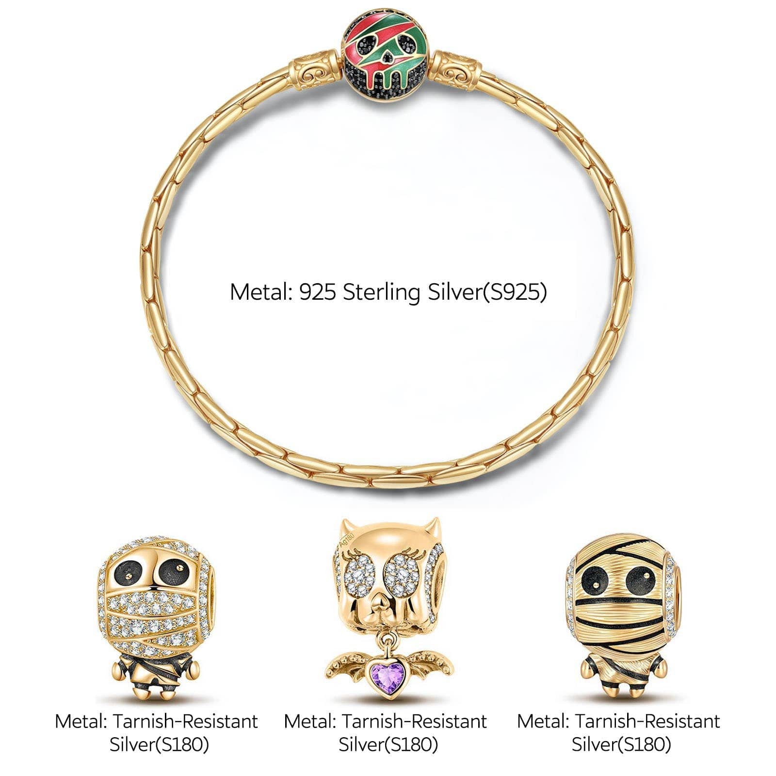 Sterling Silver Mummy Messengers Charms Bracelet Set With Enamel In 14K Gold Plated (Includes bracelet and all charms shown) - Image 2