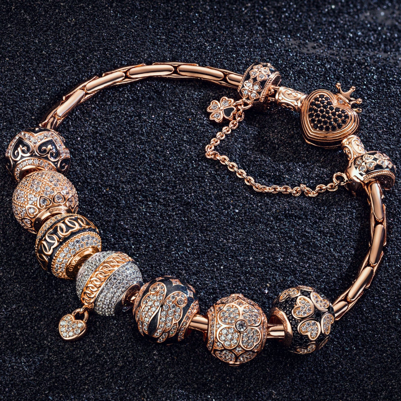 Sterling Silver Rose Love Bamboo Chain Charms Bracelet Set With Enamel In Rose Gold Plated (Includes bracelet and all charms shown)