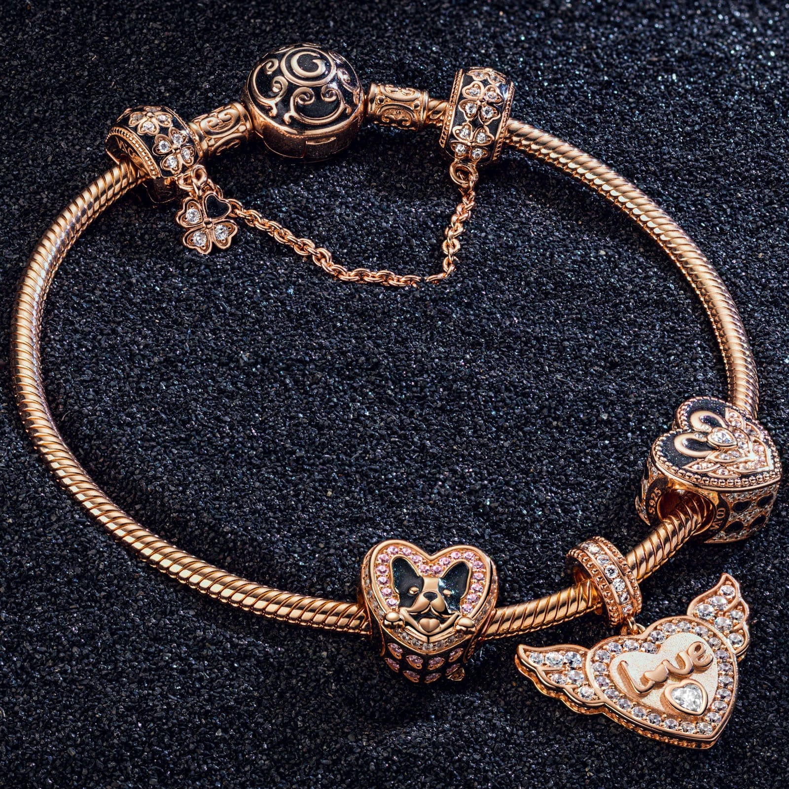 Romantic Love Guardian Tarnish-resistant Silver Charms Bracelet Set With Enamel In Rose Gold Plated (Includes bracelet and all charms shown) - Image 3
